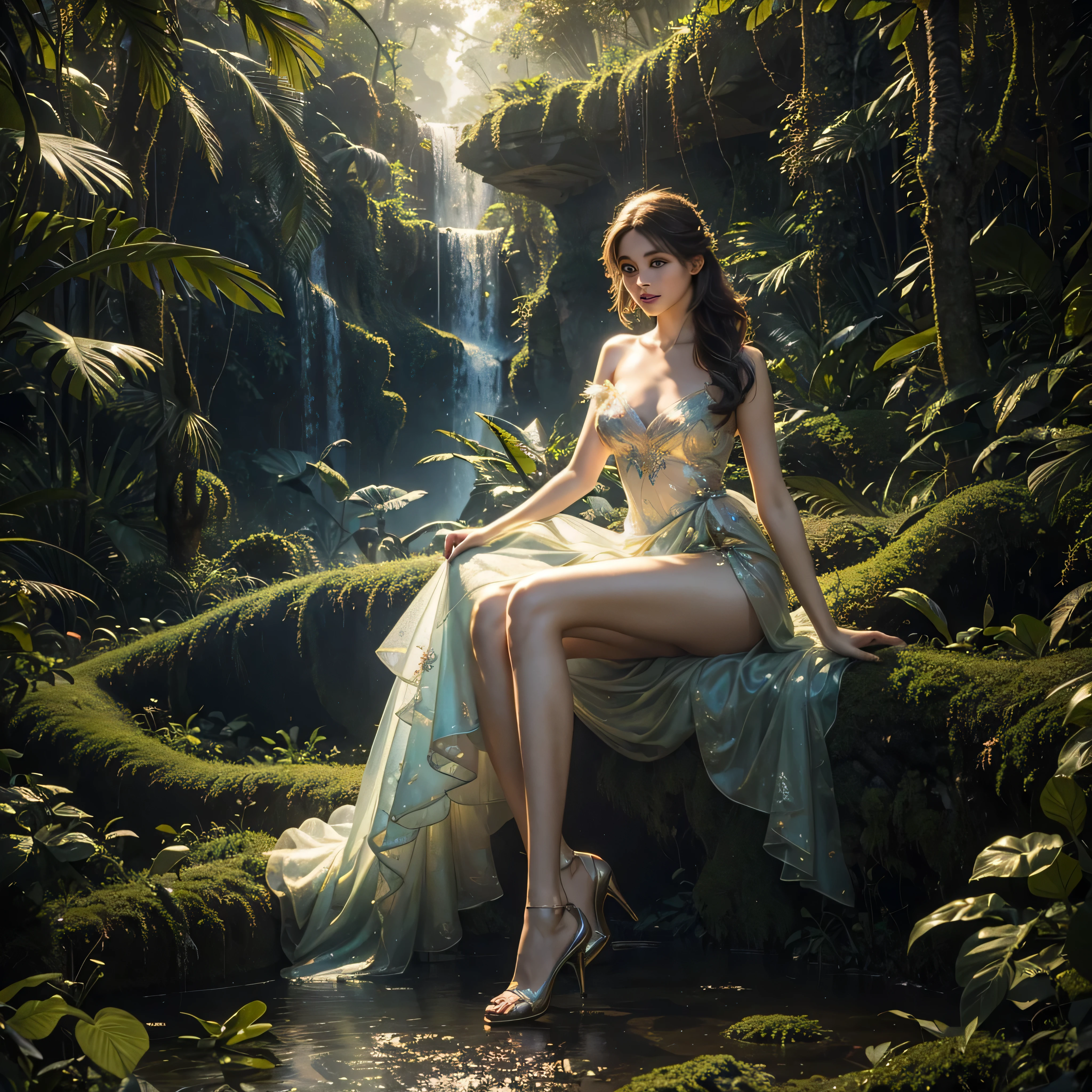 a beautiful girl in a disney pixar style rainforest, wearing high heels, with fairies flying around, 3d animation, (best quality,4k,8k,highres,masterpiece:1.2),ultra-detailed,(realistic,photorealistic,photo-realistic:1.37),detailed eyes,detailed lips,extremely detailed face,long eyelashes,intricate details,vivid colors,lush greenery,sparkling fairy dust,glowing magical lights,whimsical atmosphere,dreamlike quality,cinematic lighting