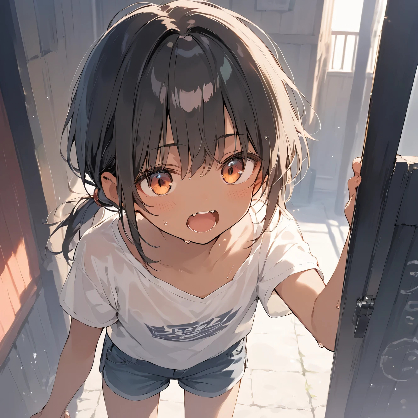 score_9, score_8_up, score_7_up, source_anime, best quality, masterpiece,official art, absurdres, highres, waifu2x,break,1girl, tomboy, dark-skinned female, short hair, low ponytail, flat chest, short shorts, sweat, open mouth, (yawn:0.3),  sleepily, outdoors, break,(clear line illustration:1.2),very high resolution, very aesthetic, super detailed skin, Best sexual lighting powered by famous artist, 8k,cute picture,beauty illustration,photoshop_(medium),,(Detailed Lighting)
