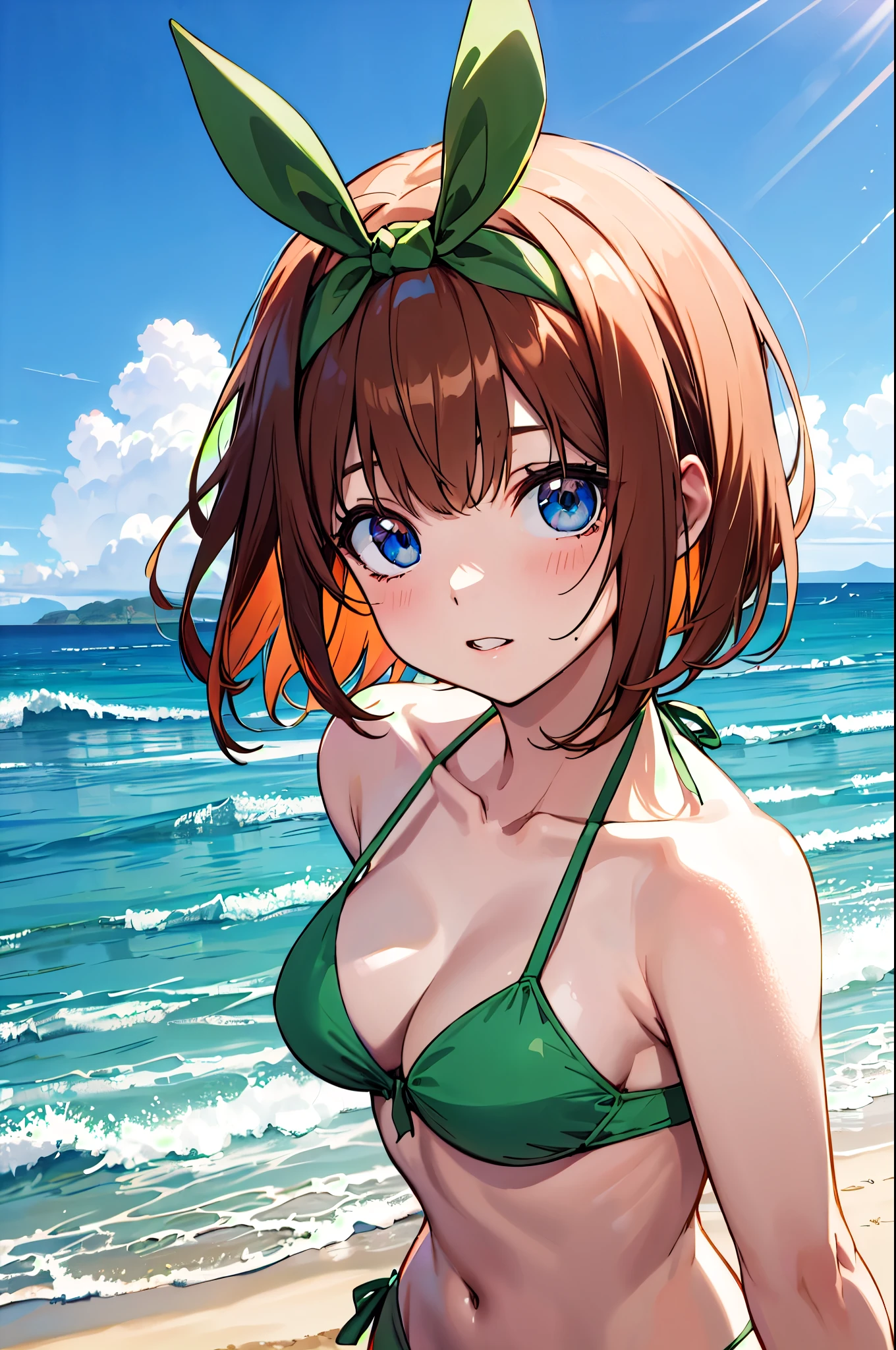 masterpiece, best quality, 8k, anime, wide shot,looking at viewer,sunlight, aayotsuba, short hair, hair ribbon, green ribbon, hairband, (model posing:1.5), brown hair, bangs, (lime green bikini), on beach, sunny day, sand, ocean view, anime version, extremely detailed, UHD, 4k, 8k, award-winning, sharp focus, detailed face