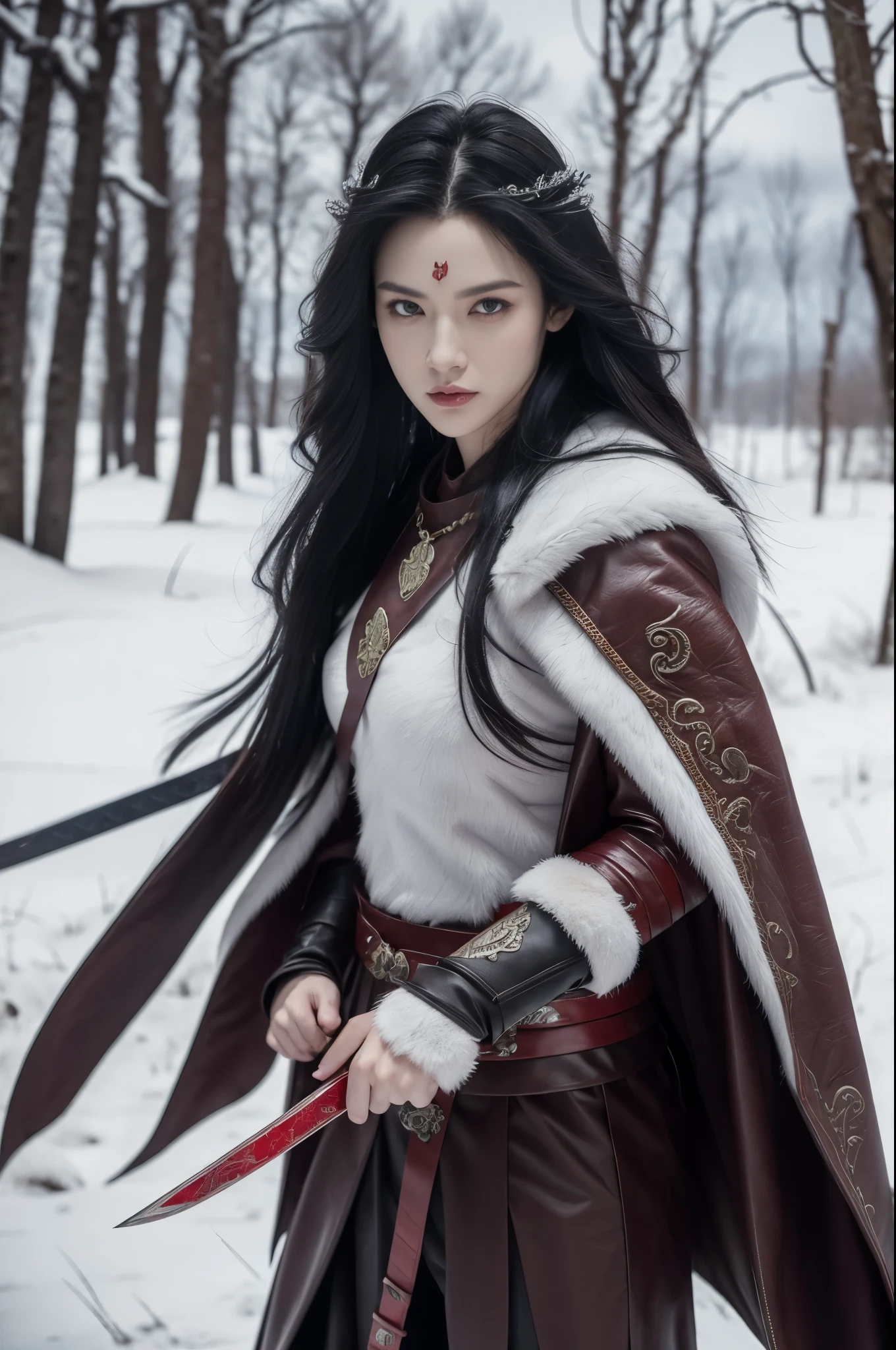 north female warrior,Wears a steel breastplate with wolf decoration,Lined with wolf leather,Lined leather amulet,Black long hair,Violet eyes,Wielding a long sword,(1 red-eyed albino direwolf standing beside her),Mountains,Quiet snow forest,full-body shot,Cartoon Style,Super Detail,Anatomically correct, masterpiece, accurate, textured skin, super detail, high details, award winning, 8k