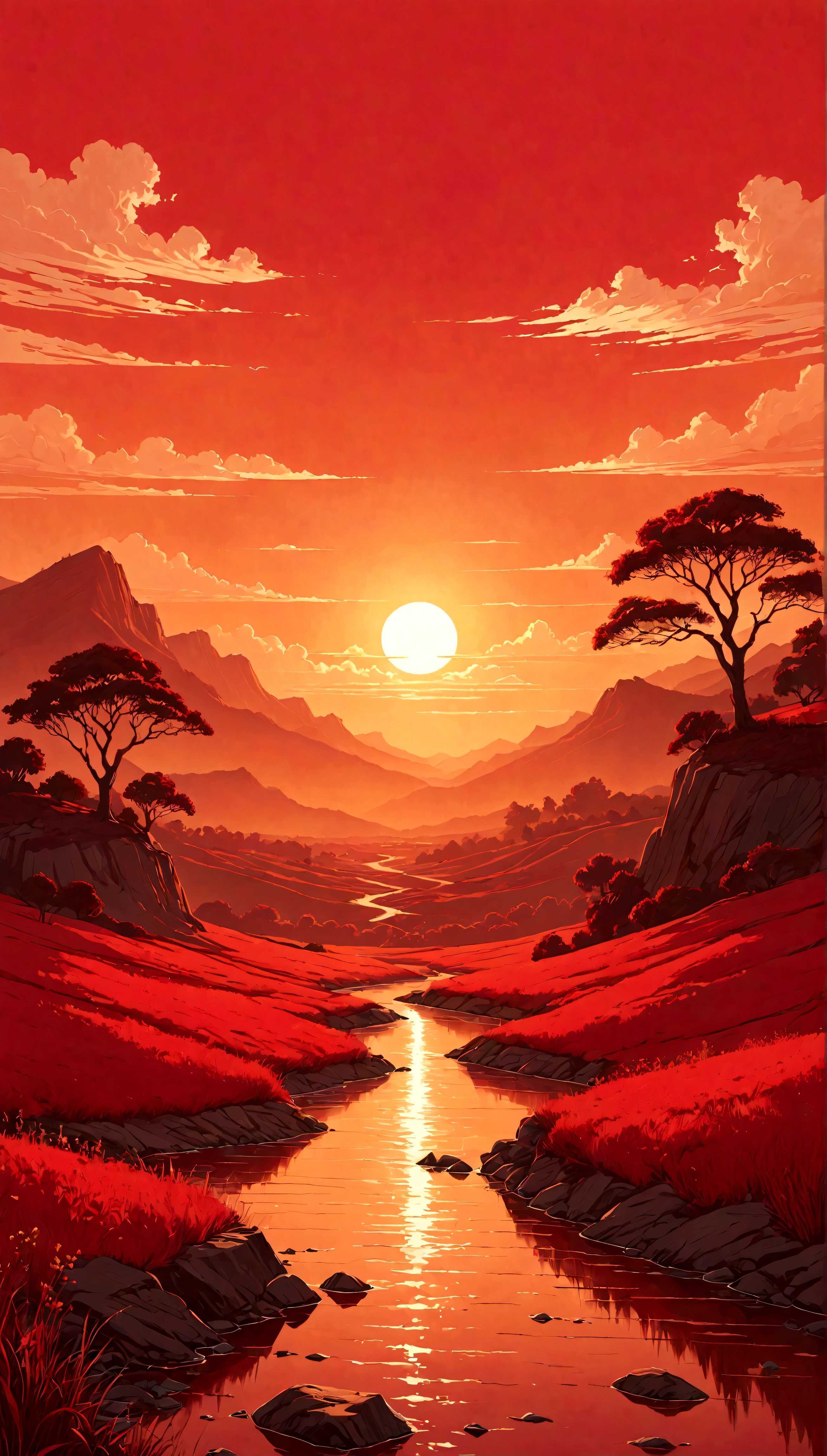 work of art with gradation that is neither watercolor nor oil painting, best quality, super fine, 16k, extremely detailed, 2.5D, delicate and dynamic, white line art on red background, sunset landscape