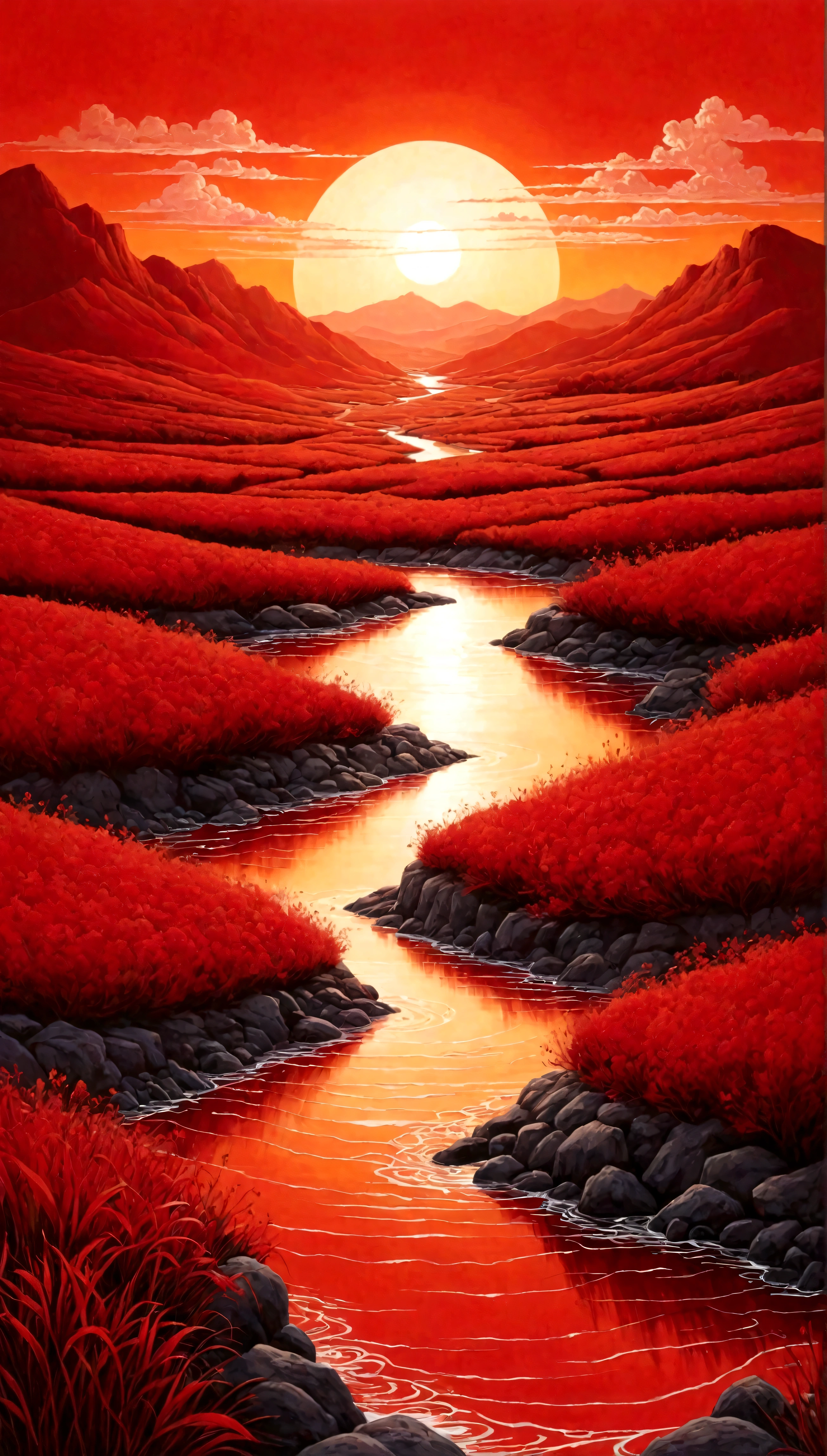 work of art with gradation that is neither watercolor nor oil painting, best quality, super fine, 16k, extremely detailed, 2.5D, delicate and dynamic, white line art on red background, sunset landscape