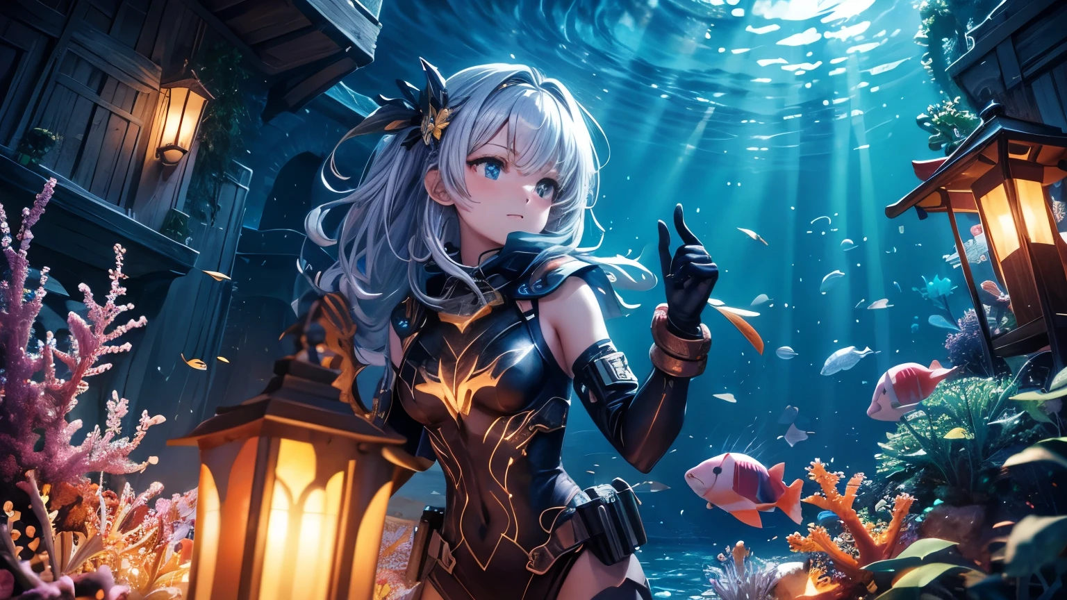 Linemoto underwater (night), (highly detailed CG unified wallpaper 8k) (highest quality), girl looks up at the night sky through the water (best illustration), vibrant colors (best shades), coral reef, ocean, natural beauty, tranquil oasis, seaweed, super detail, ancient shipwreck, pearls, underwater cave, bioluminescent glow, ray tracing, masterpiece, highest quality, super quality, absurd details, best light, best shadow, sharp, sharp images, details, Very detailed, high resolution, 8k, 4k, UHD, volumetric, glowing marine life, (particle effects), (nighttime) --v6