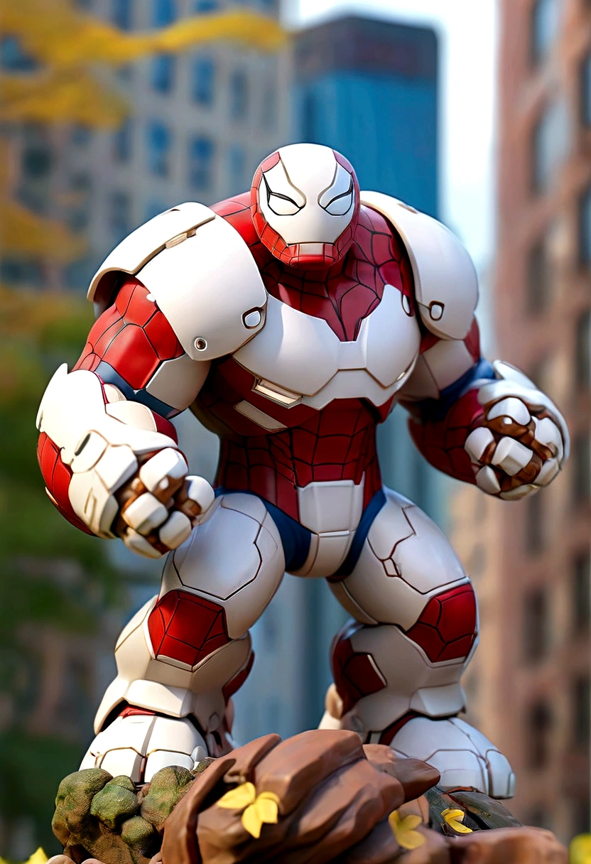 a small rusty old white hulkbuster x spiderman  figure IN THE CITY PARK, black steel mecha accent, hero pose, bird eye view, holding a sword, dieter ram style, trees