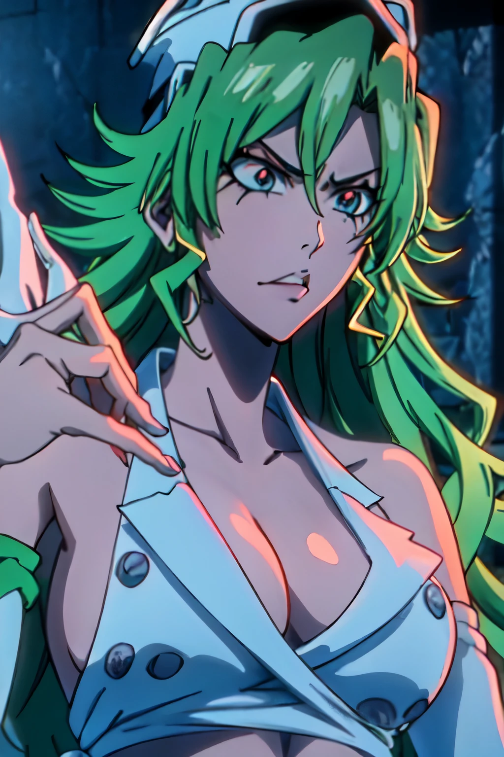 anime girl with green hair and a white shirt and a blue bow, the godess hera looking angry, in the anime film, the goddess hera looking angry, symphogear, tatsumaki from one punch man, gyro zeppeli, today's featured anime still, 2 0 1 9 anime screenshot, screenshot from the anime film, tatsumaki with green curly hair