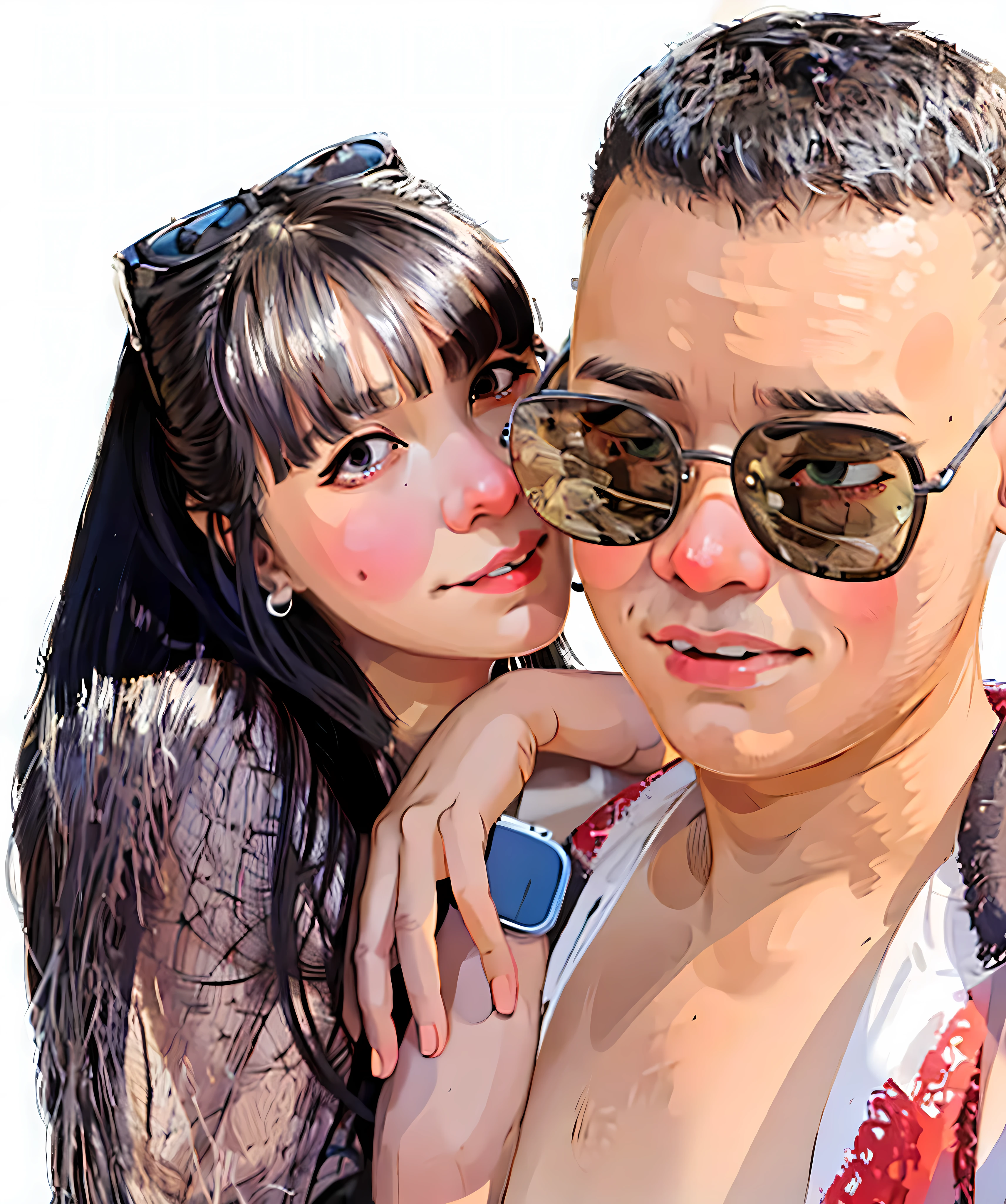 (masterpiece:1.2),illustration,lineart,texture,a smiling black long hair girl wearing a watch , a short hair man wearing a black dense sunglasses ,warm color palette,soft lighting,detailed pencil strokes,delicate outlines,distinct shadows,subtle shading,impeccable attention to detail,highly realistic,artistic touches,vibrant and lifelike rendering,professional-level skill,white  background,warm and inviting atmosphere,peaceful and relaxed expression,sophisticated and elegant aesthetics.

White background, white backdrop.
