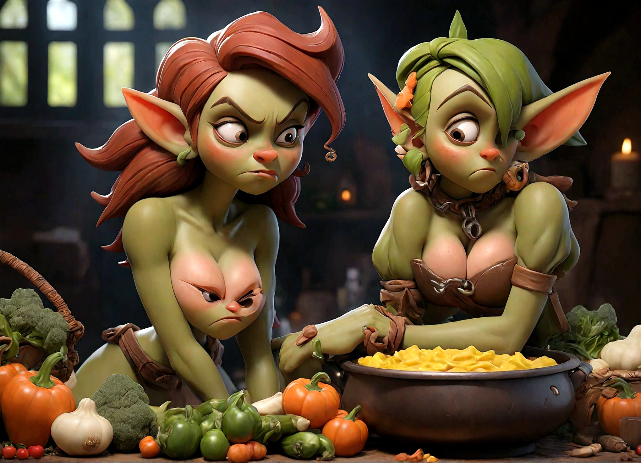 (complex, two subjects)A goblin woman (ratchet, busty, big butt, a little bit fat, some missing teeth, tattoos, daisy dukes, crop top no bra) is merrily prepping a large stew pot and vegetables. She is merrily talking to a bound and gagged elf woman (almost nude, safe for work, tiny panties (vagina well defined), tiny top, head shaved, cum shot all over her and in the eyes and ears) bound to a carving table