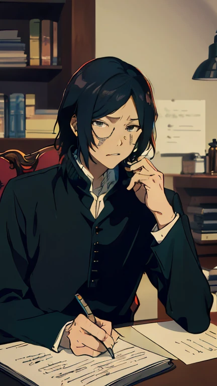 1 man, Severus snape, sitting at desk, writing on paper, open books on desk, looking at viewer, annoyed look, handsome, slight blush, potion bottles in background