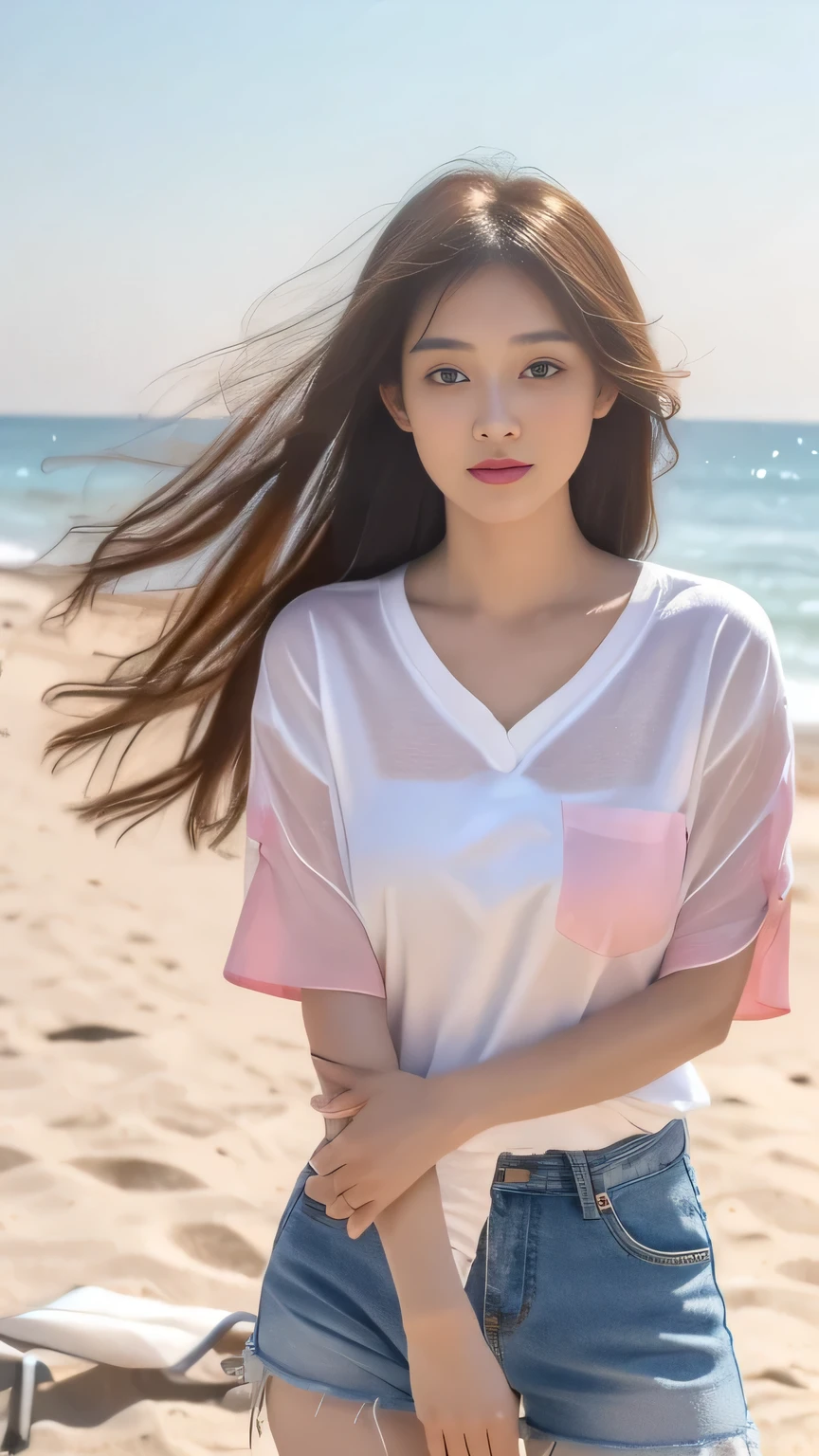 (Surrealism) , (illumination), (Improve resolution), (8K), (The content is very detailed), (Best Illustration Award), (The most beautiful quality), (Extremely detailed), (masterpiece), ( wallpaper), (Delicate face)title：The fashion goddess on the beach is baptized by the golden sunshine，The beach at the seaside is particularly soft and delicate。On the sparkling sea，Seagulls soar low in the sky，Occasionally make a crisp chirping sound。In this picturesque background，A particularly beautiful woman attracted all attention，She looks like a model from a fashion magazine，Perfectly blended into this beautiful landscape。

Her face is so delicate，As if carefully carved by an artist。High nose bridge、Clear cheekbones and full lips together create an unforgettable face.。Makeup，She chose a fresh and natural style，The base makeup is translucent without losing its luster，Highlights her natural good skin。Eyebrows are groomed to perfection，Neither exaggerated nor losing the sense of nature，Eye makeup is mainly light brown，Pair with a thin layer of mascara，Makes her eyes look deeper and brighter。The blush and lip color are both kept in coral pink tones.，The warm atmosphere of the seaside。

Her clothing choices are both casual and stylish。A loose white linen shirt flutters in the wind，Slightly rolled cuffs，Showing the beauty of casualness。The hem of the shirt is lightly tied in a knot，Revealing a smooth belly，Adds a bit of sexy atmosphere。The lower body is a pair of high-waisted light blue denim shorts，Not only lengthens the leg lines，It also forms a refreshing contrast with the shirt。

Wearing a pair of simple white canvas shoes，Comfortable and suitable for leisure occasions at the seaside。On her wrist she wears a delicate silver bracelet，Occasionally reflecting dazzling light，Echoing the small stud earrings on the earlobes，It highlights her elegance。

Posture，She appears confident and calm。One hand on the waist，The other hand naturally droops，Stand slightly sideways，Facing the sea，Enjoying the sea breeze。Hair tied into a low ponytail，A few strands of hair fluttering in the wind，Adds a touch of softness。She sometimes gazed at the distant horizon，Sometimes I lower my head and laugh，Every movement reveals the natural charm。

This woman is undoubtedly one of the most charming scenery on the seaside，Her beauty is not just appearance，It is the unique charm of the temperament of coexisting with nature.。