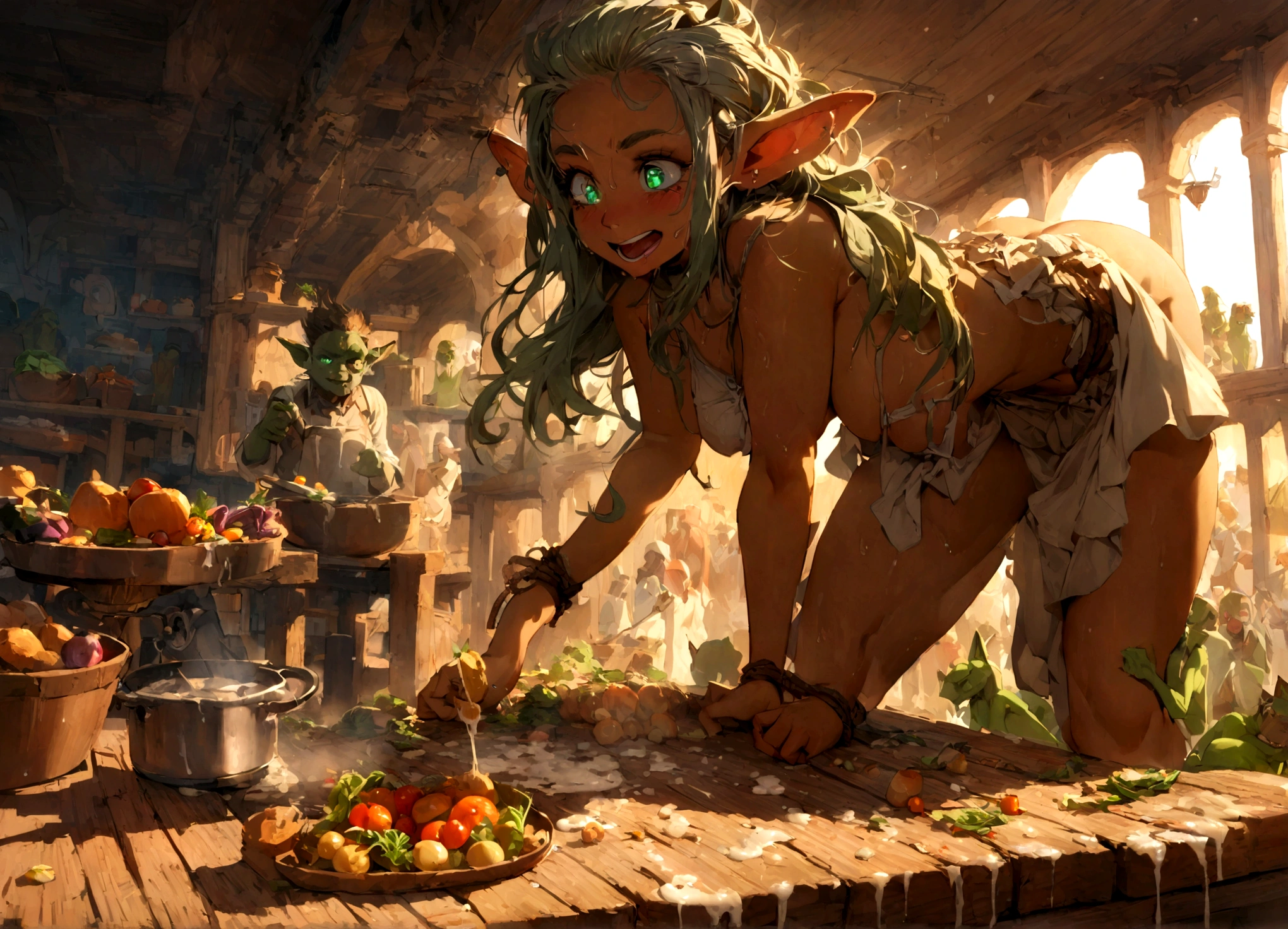 (complex, two subjects)A goblin woman (ratchet, busty, big butt, a little bit fat, some missing teeth, tattoos, daisy dukes, crop top no bra) is merrily prepping a large stew pot and vegetables. She is merrily talking to a bound and gagged elf woman (almost nude, safe for work, tiny panties (vagina well defined), tiny top, head shaved, cum shot all over her and in the eyes and ears) bound to a carving table