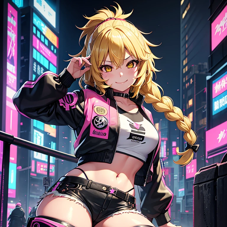 1 girl, solo, Marisa Kirisami, touhou, masterpiece, blonde hair, side braid, yellow eyes, smug smile, alternate costume, black and pink bomber jacket, punk rock shorts, rocker boots, cyberpunk art style, cyberpunk cityscape, wide shot