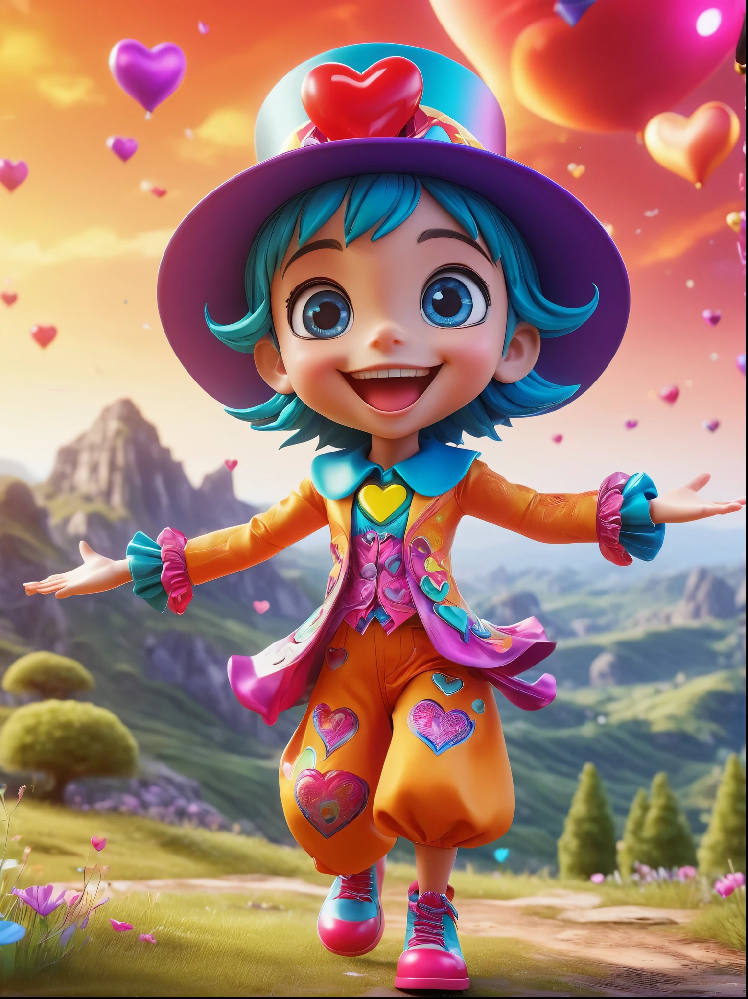 1girl，solo，Grinning，big eyes，sparkling，fit，Wearing chaotic and brightly colored clothing，Wearing a fancy hat with a heart symbol，Baggy pants，Vivid expression of excitement，Open your arms，(The background is a hovering otherworldly landscape)，full-body shot，Cartoon Style，Created with C4D and Blender，precise，Blind box toy style，Super Detail，Anatomically correct，masterpiece