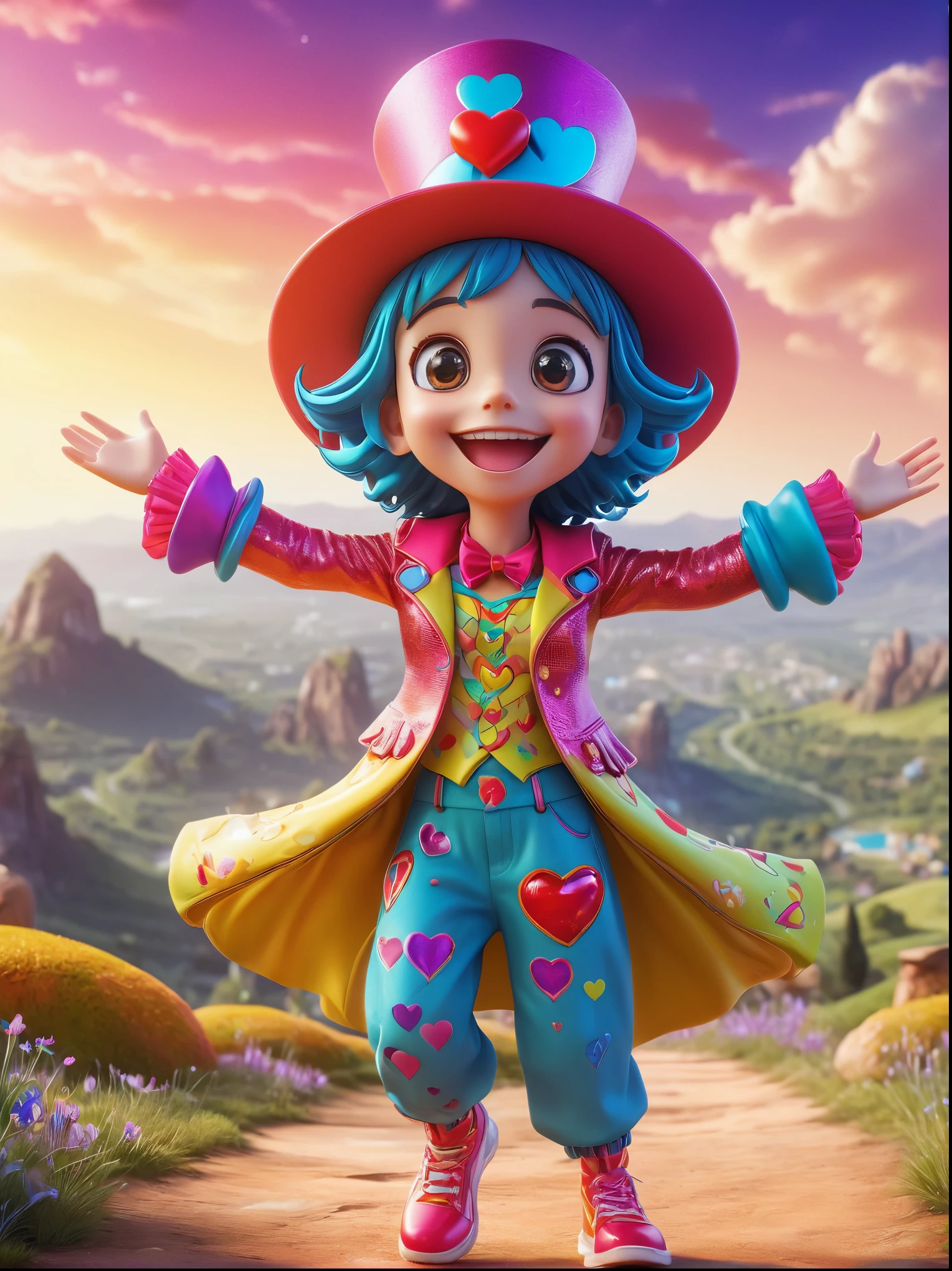 1girl，solo，Grinning，big eyes，sparkling，fit，Wearing chaotic and brightly colored clothing，Wearing a fancy hat with a heart symbol，Baggy pants，Vivid expression of excitement，Open your arms，(The background is a hovering otherworldly landscape)，full-body shot，Cartoon Style，Created with C4D and Blender，precise，Blind box toy style，Super Detail，Anatomically correct，masterpiece