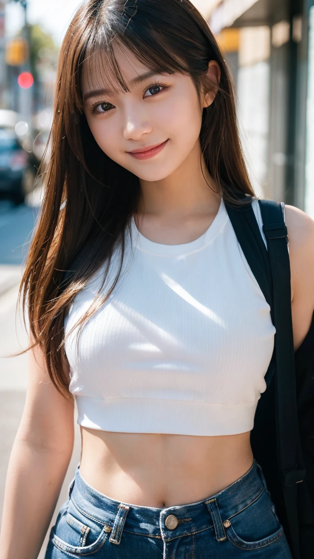 (highest quality,masterpiece:1.3,ultra high resolution),(Super detailed,caustics,8k),(photorealistic:1.4,RAW shooting),1 girl,(look at the camera with a smile),20-year-old,cute,Japanese,black hair long bronde, wearing crop top, pants, big ,bust up shot,street,face focus,Natural light,Backlight,(A bright light shines from above),(Lens flare),professional writing,(low position),(Low - Angle)