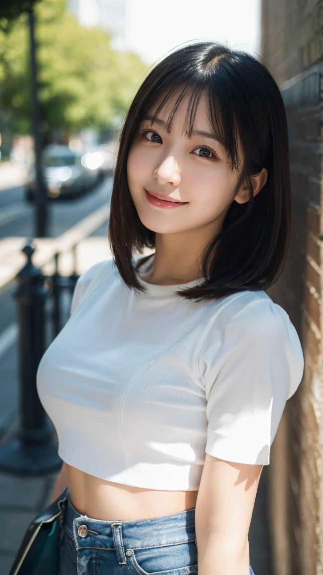 (highest quality,masterpiece:1.3,ultra high resolution),(Super detailed,caustics,8k),(photorealistic:1.4,RAW shooting),1 girl,(look at the camera with a smile),20-year-old,cute,Japanese,black hair long bronde, wearing crop top, pants, big ,bust up shot,street,face focus,Natural light,Backlight,(A bright light shines from above),(Lens flare),professional writing,(low position),(Low - Angle)