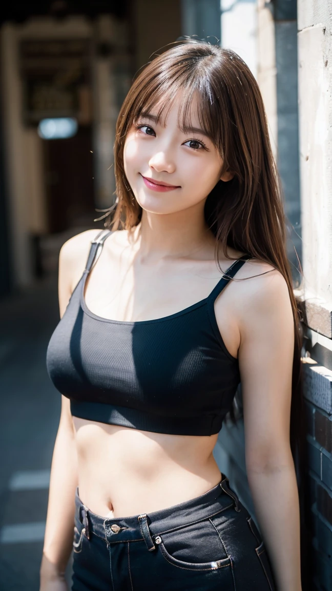 (highest quality,masterpiece:1.3,ultra high resolution),(Super detailed,caustics,8k),(photorealistic:1.4,RAW shooting),1 girl,(look at the camera with a smile),20-year-old,cute,Japanese,black hair long bronde, wearing crop top, pants, big ,bust up shot,street,face focus,Natural light,Backlight,(A bright light shines from above),(Lens flare),professional writing,(low position),(Low - Angle)