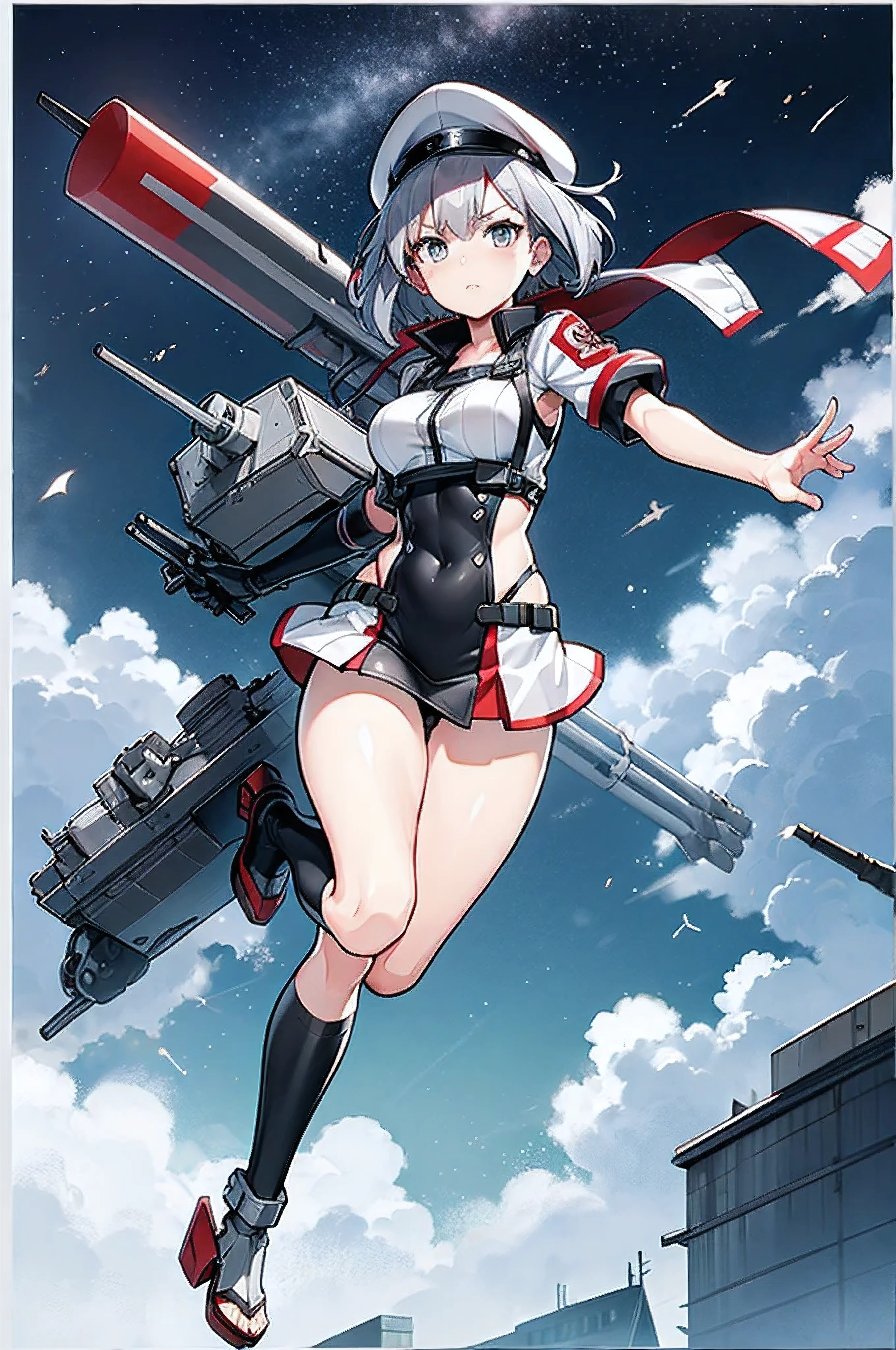 Gray Hair　little red hair　short hair　Serious face　mysterious　battle　uniform(grey) military cap　{Kantai Collection} {Fleet Collection} Carrying the equipment。　Floating in the air　It has wings like an airplane　Anime Style　girl　cool　Highest quality　Ultra-precision