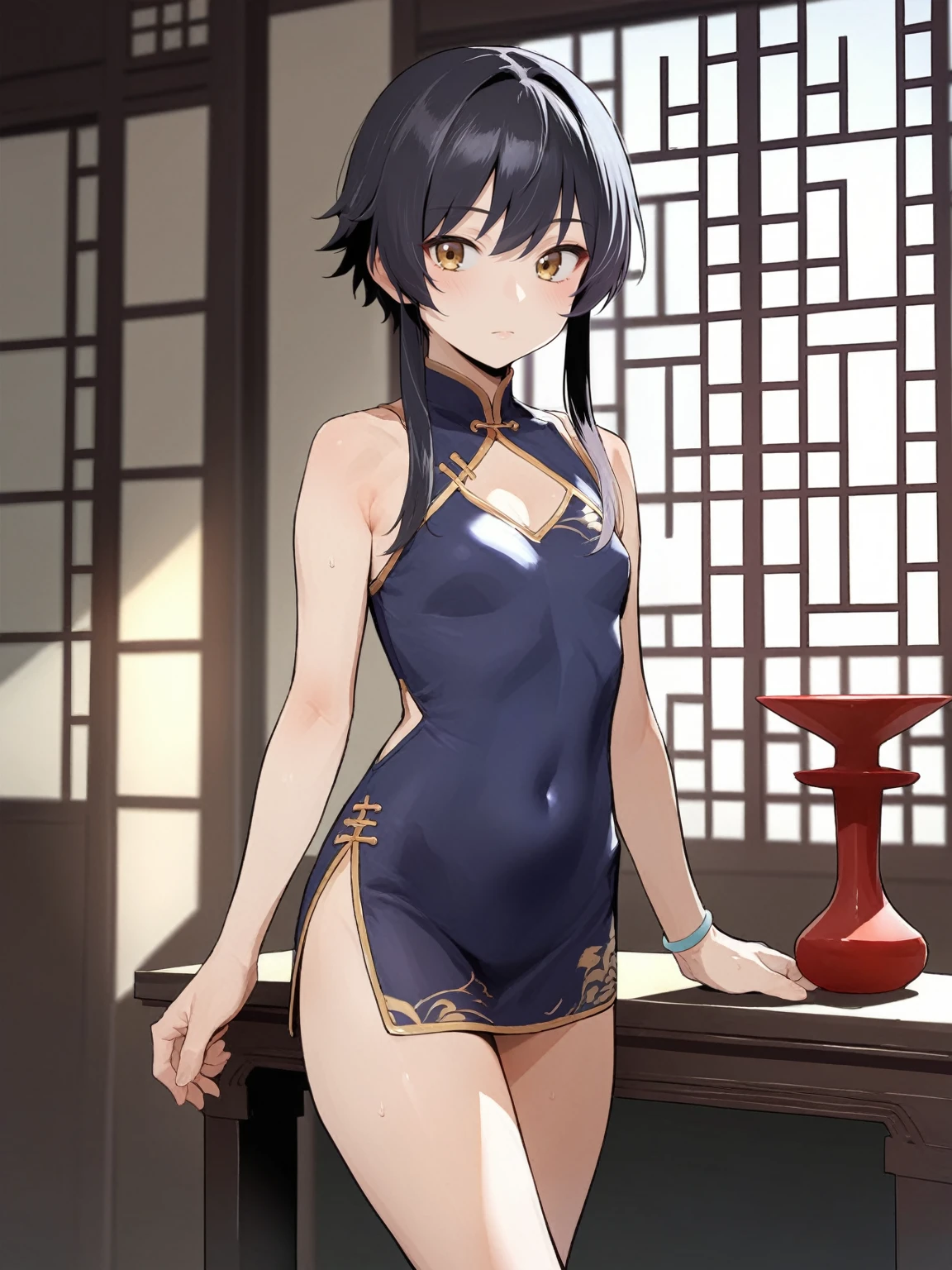 score_9, score_8_up, source_anime, solo, 1girl, tomboy, dress, lumine, lole, young, ((aged down)), ikuchan, black hair, black hair, oriental, Chinese dress, short dress, short hair, indoors 