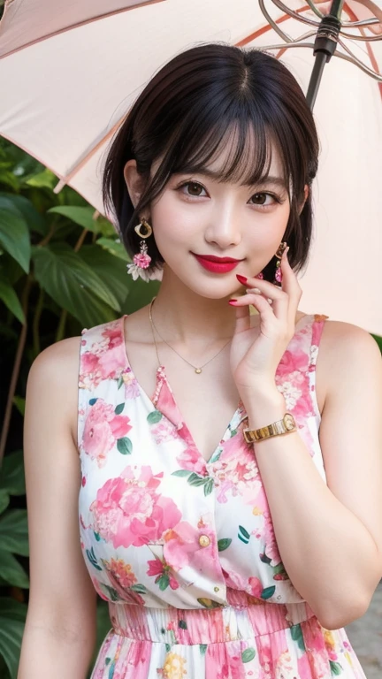 (8k, Photorealistic, Raw photo, Highest quality: 1.4),Japanese idol style1Beautiful girl of the person,18-year-old,Short bob hairstyle,Black Hair,She has her hair tucked behind her ears,She has small earrings in her ears,Big, clear grey eyes,Long eyelashes,Plump Cheeks,She is wearing pink lipstick,Apply gloss over your lipstick for glossy, plump lips,Smiling,A short pendant is hanging around her neck.,The nails on both hands are painted with light pink nail polish.,Both toenails have red nail polish,(She is wearing a sleeveless floral dress,(Long length :1.2)),wearing sandals on bare feet,Walking in the park,Holding a parasol,Full body portrait