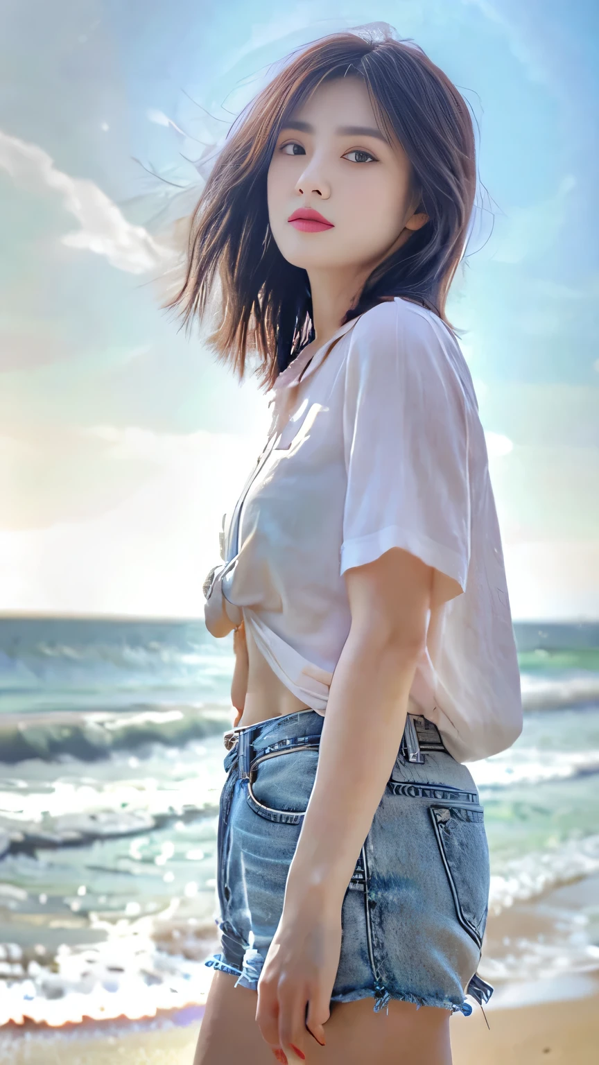 (Surrealism) , (illumination), (Improve resolution), (8K), (The content is very detailed), (Best Illustration Award), (The most beautiful quality), (Extremely detailed), (masterpiece), ( wallpaper), (Delicate face)title：The fashion goddess on the beach is baptized by the golden sunshine，The beach at the seaside is particularly soft and delicate。On the sparkling sea，Seagulls soar low in the sky，Occasionally make a crisp chirping sound。In this picturesque background，A particularly beautiful woman attracted all attention，She looks like a model from a fashion magazine，Perfectly blended into this beautiful landscape。

Her face is so delicate，As if carefully carved by an artist。High nose bridge、Clear cheekbones and full lips together create an unforgettable face.。Makeup，She chose a fresh and natural style，The base makeup is translucent without losing its luster，Highlights her natural good skin。Eyebrows are groomed to perfection，Neither exaggerated nor losing the sense of nature，Eye makeup is mainly light brown，Pair with a thin layer of mascara，Makes her eyes look deeper and brighter。The blush and lip color are both kept in coral pink tones.，The warm atmosphere of the seaside。

Her clothing choice was wearing a dress。A loose white linen shirt flutters in the wind，Slightly rolled cuffs，Showing the beauty of casualness。The hem of the shirt is lightly tied in a knot，Revealing a smooth belly，Adds a bit of sexy atmosphere。The lower body is a pair of high-waisted light blue denim shorts，Not only lengthens the leg lines，It also forms a refreshing contrast with the shirt。

Wearing a pair of simple white canvas shoes，Comfortable and suitable for leisure occasions at the seaside。On her wrist she wears a delicate silver bracelet，Occasionally reflecting dazzling light，Echoing the small stud earrings on the earlobes，It highlights her elegance。

Posture，She appears confident and calm。One hand on the waist，The other hand naturally droops，Stand slightly sideways，Facing the sea，Enjoying the sea breeze。Hair tied into a low ponytail，A few strands of hair fluttering in the wind，Adds a touch of softness。She sometimes gazed at the distant horizon，Sometimes I lower my head and laugh，Every movement reveals the natural charm。

This woman is undoubtedly one of the most charming scenery on the seaside，Her beauty is not just appearance，It is the unique charm of the temperament of coexisting with nature.。