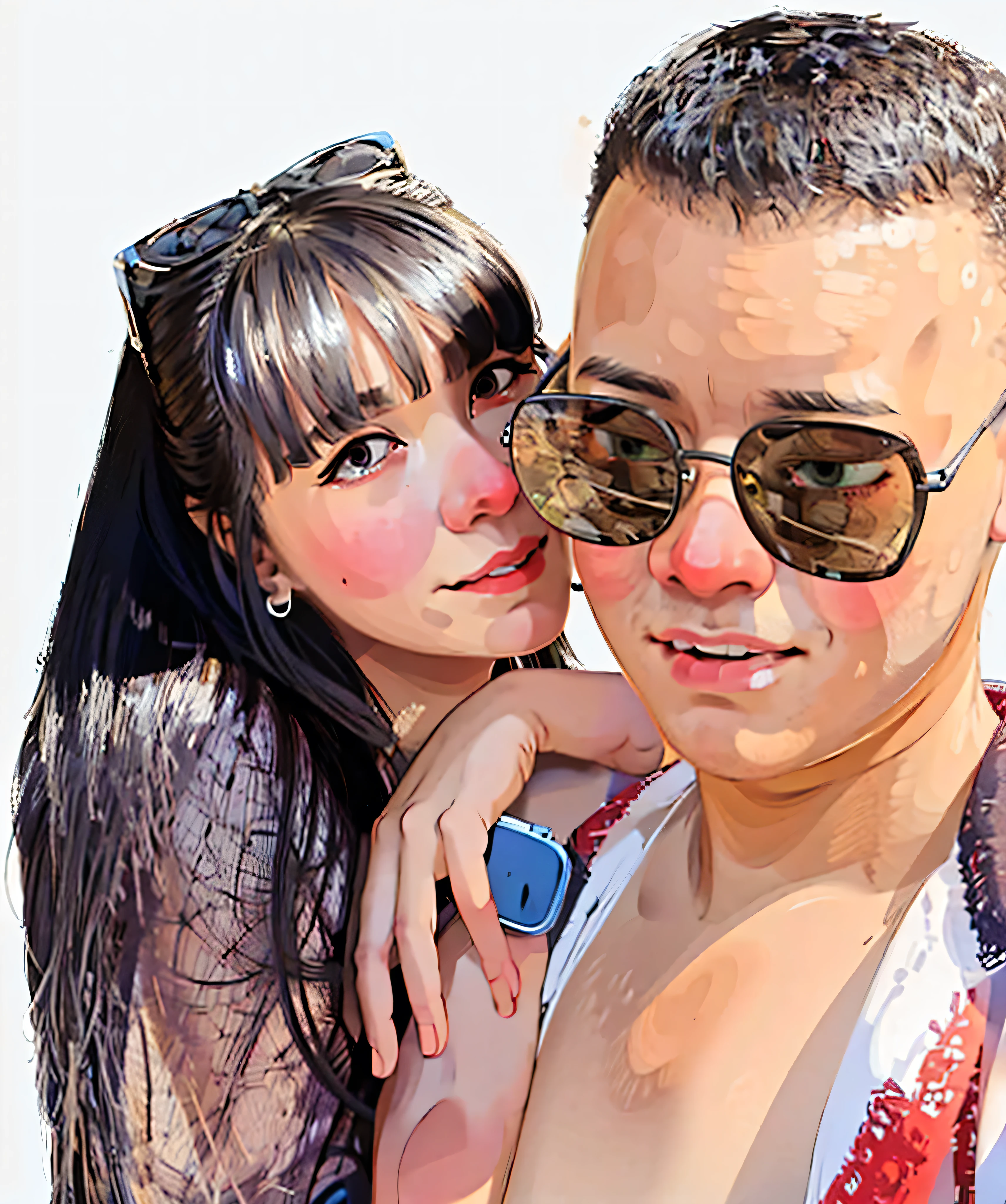 (masterpiece:1.2),illustration,lineart,texture,a smiling black long hair girl wearing a watch , a short hair man wearing a black dense sunglasses ,warm color palette,soft lighting,detailed pencil strokes,delicate outlines,distinct shadows,subtle shading,impeccable attention to detail,highly realistic,artistic touches,vibrant and lifelike rendering,professional-level skill,white background,warm and inviting atmosphere,peaceful and relaxed expression,sophisticated and elegant aesthetics.
White background, white backdrop.
