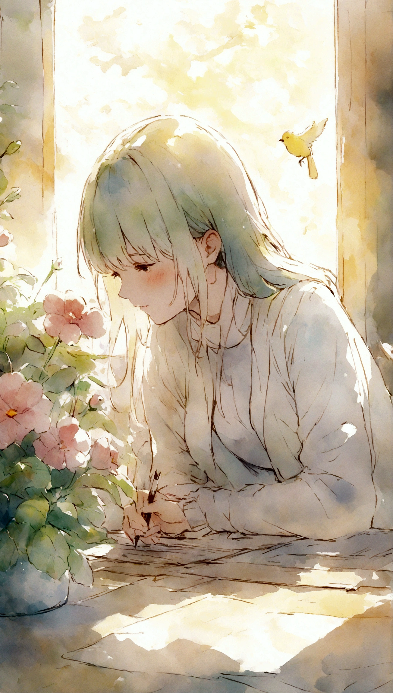 Flowers and birds, , sketching, Watercolor color.