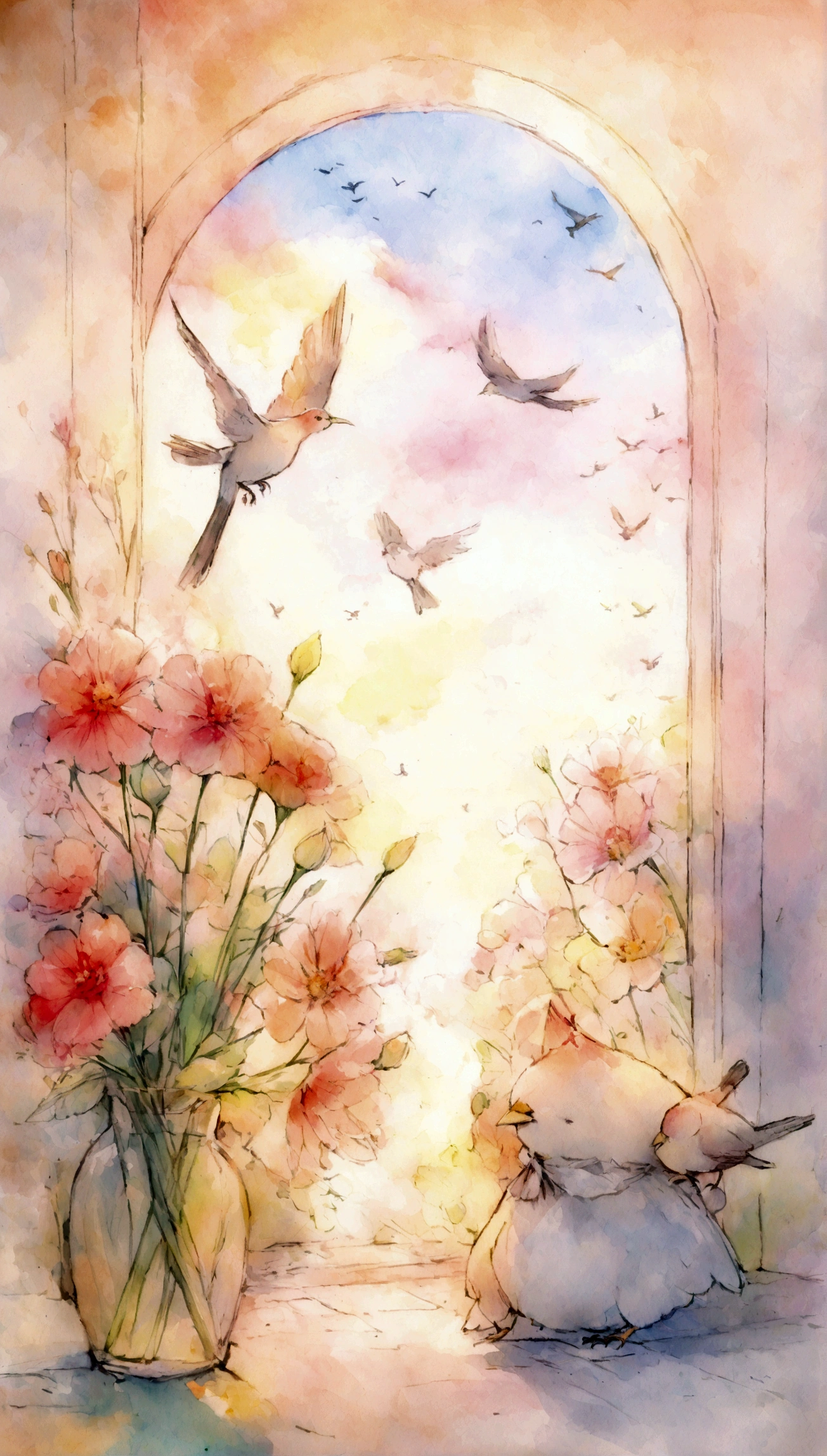 Flowers and birds, sketching, Watercolor color.