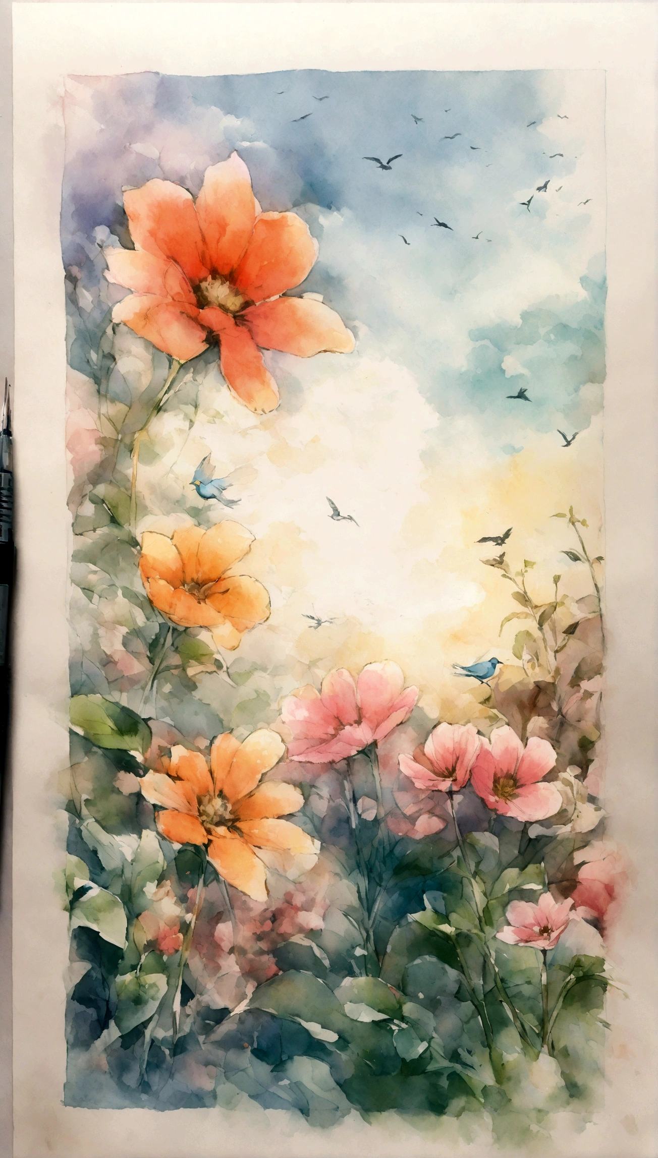 Flowers and birds, sketching, Watercolor color.