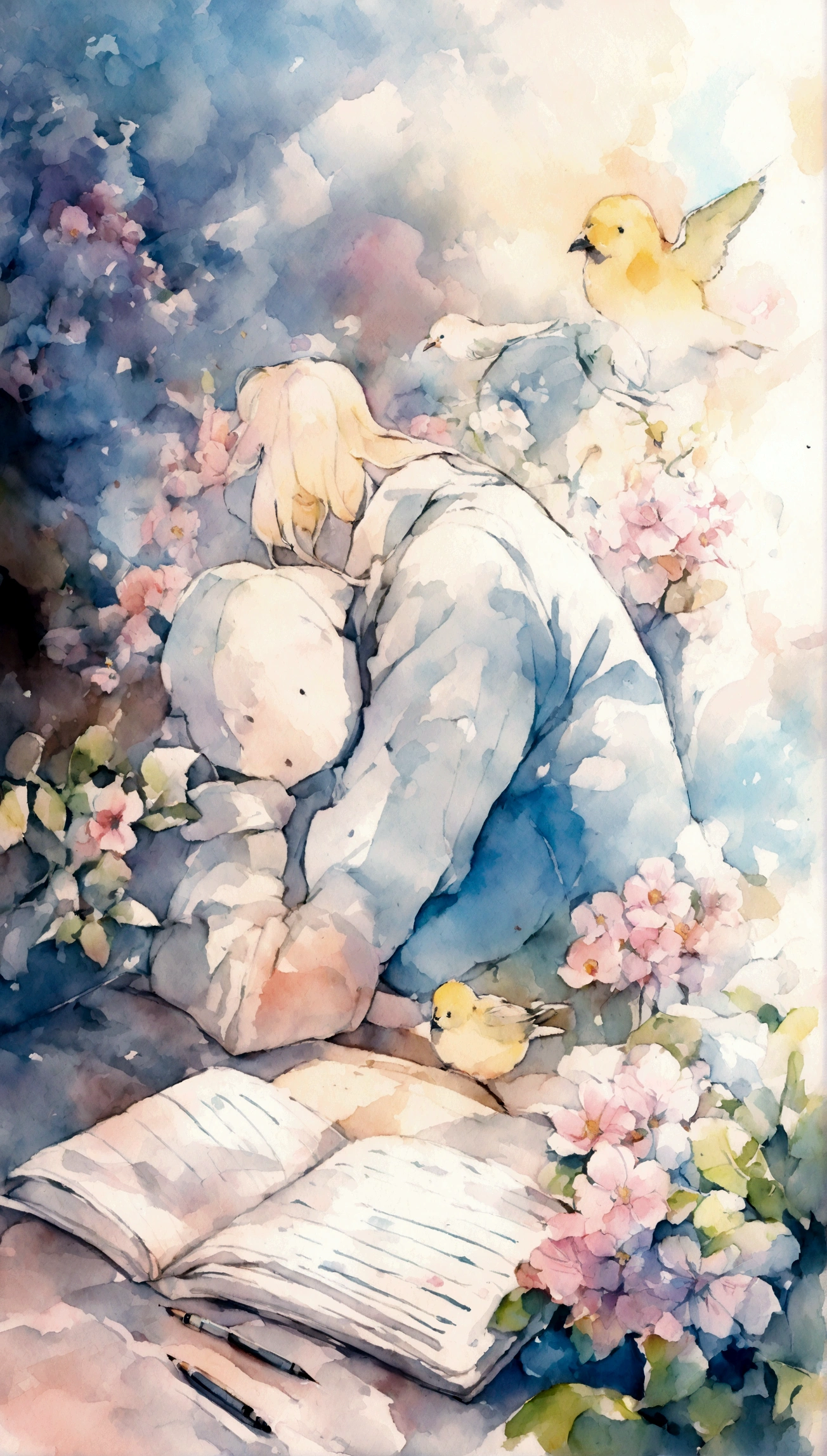 Flowers and birds, sketching, Watercolor color.