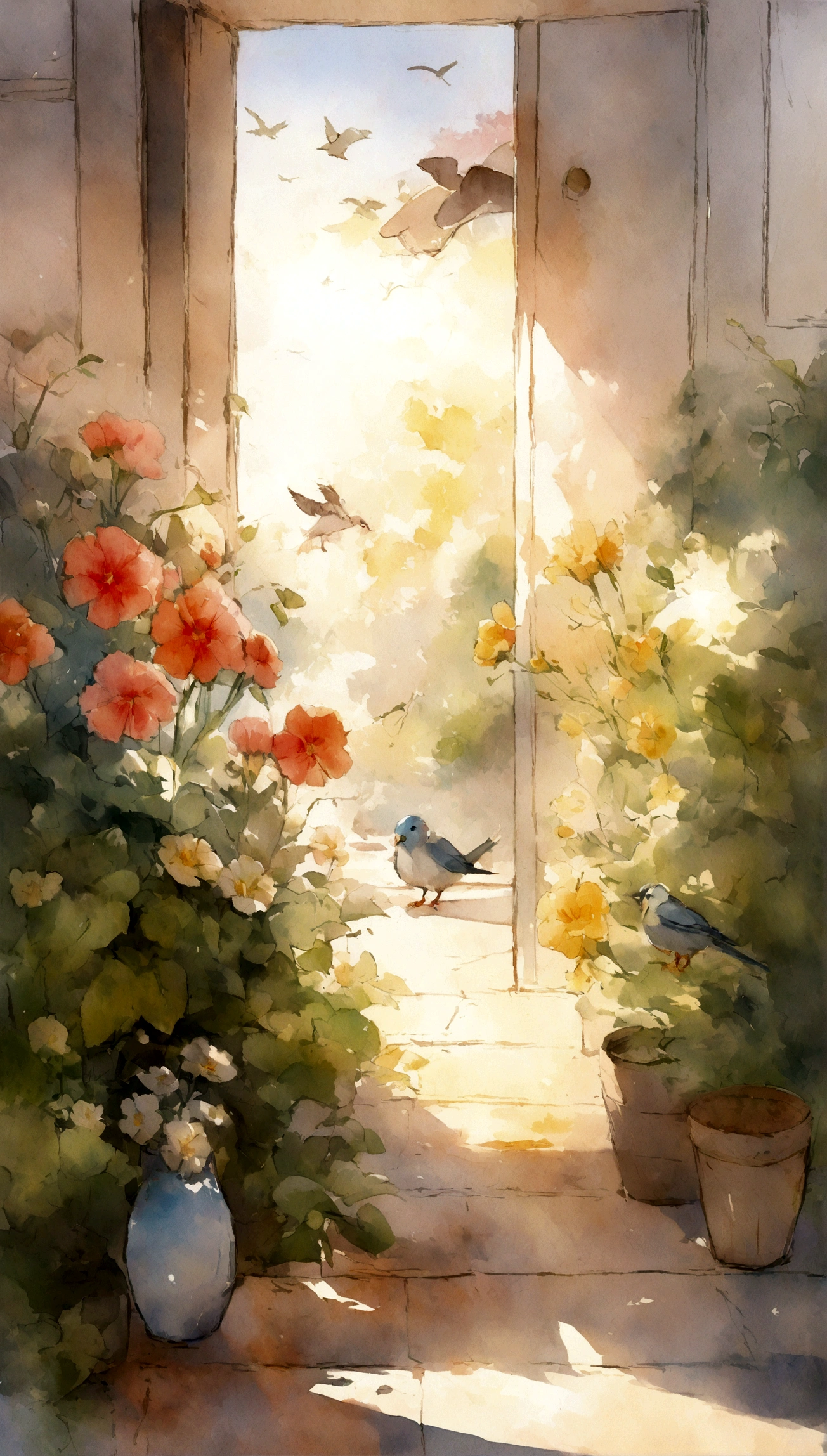 Flowers and birds, sketching, Watercolor color.