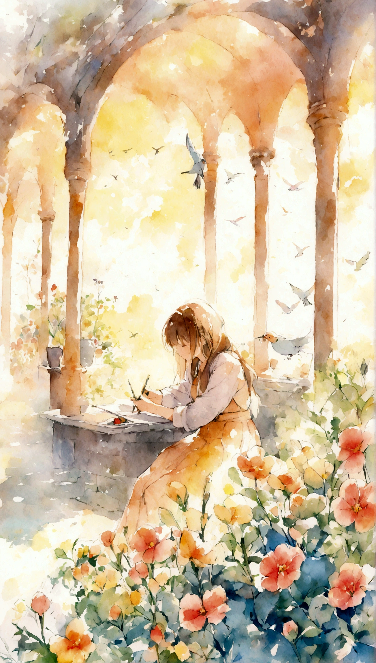 Flowers and birds, sketching, Watercolor color.