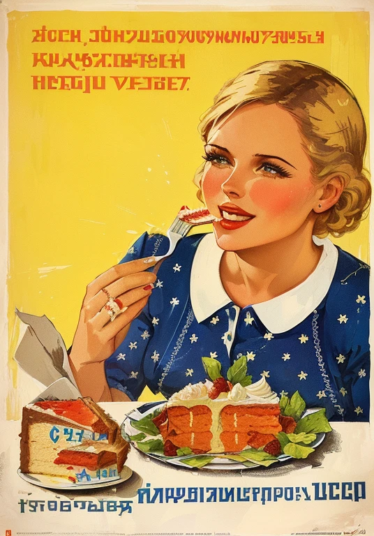 there is a poster, where a woman eats a cake , soviet advertisement, in a Soviet propaganda style, Soviet propaganda, Soviet propaganda art, Soviet propaganda style, Soviet propaganda poster, Soviet propaganda poster art, Soviet propaganda poster style, 1 9 6 0 s soviet poster, Soviet-era propaganda poster, soviet poster, Soviet propaganda painting, Poster of the USSR, soviet nostalgia
