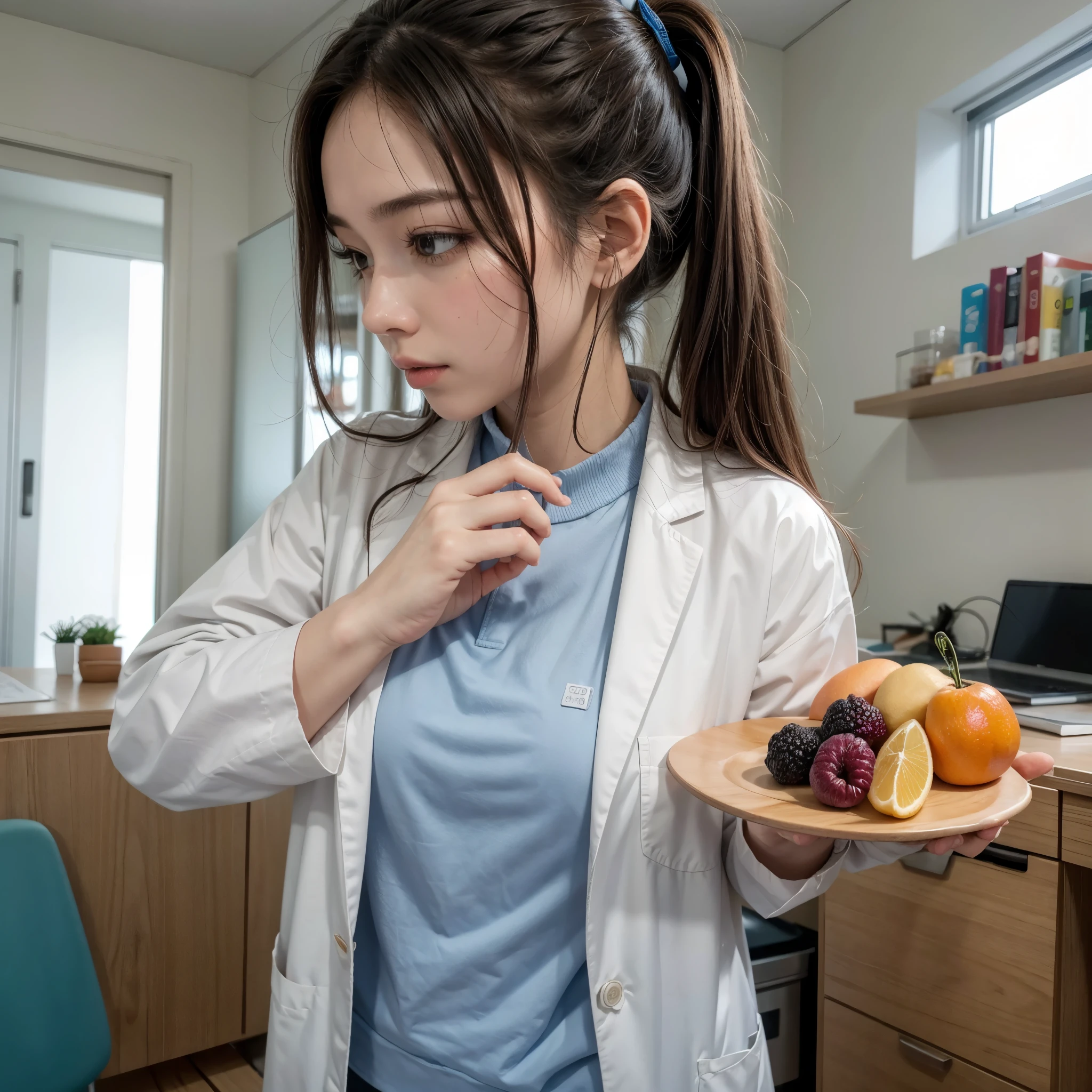Personal photo of professional nutritionist in office with lab coat