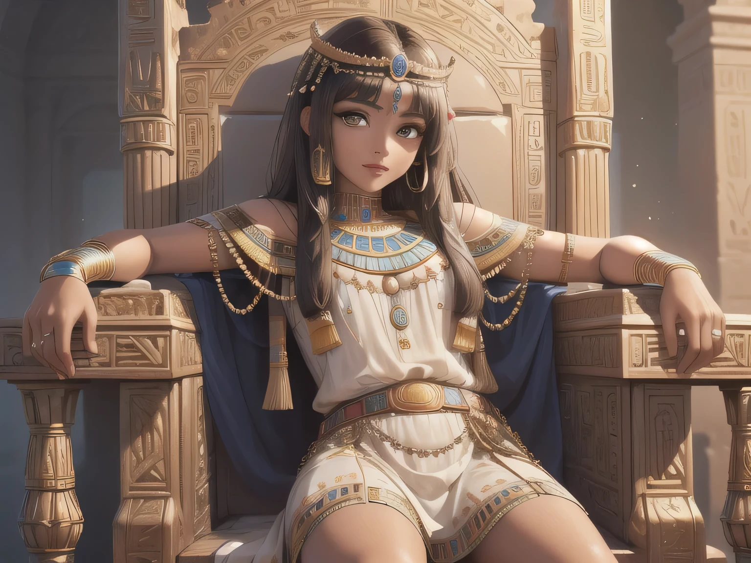 ((best quality)), ((masterpiece)), (detailed face and eyes), perfect face, accurate, textured skin, high details, highres, Cleopatra, queen of ancient Egypt, in silk dress, jewelled crown, lipstick, cowboy shot, Tanned skin, brown skin, throne, whole body