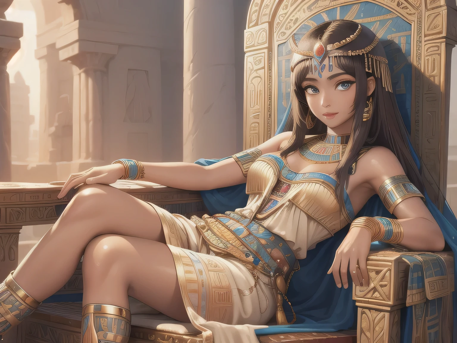 ((best quality)), ((masterpiece)), (detailed face and eyes), perfect face, accurate, textured skin, high details, highres, Cleopatra, queen of ancient Egypt, in silk dress, jewelled crown, lipstick, cowboy shot, Tanned skin, brown skin, throne, whole body