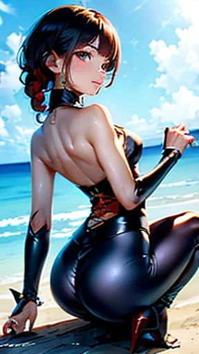 (highest quality,Super detailed,Physically Based Rendering:1.2), (Back view,Close-up shot,Very detailed:1.1), (Fine art,Realistic:0.9), (woman:1.1) wear (String:1.1), (Crouched posture,Spread your legs), (Vibrant colors,Sharp focus), (Bright beach daytime),((Brighter lighting from the front)) (Beautifully sculpted,Gorgeous, Toned Up) Hips.