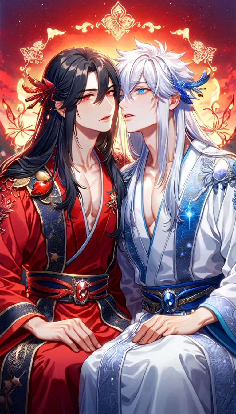 absurdres, highres, ultra detailed, HDR, master piece, best quality, extremely detailed face, delicated features, Xue Yu, untamed spiky hair, black hair, hair between the eyes, expressive red eyes, Thousand Years War, Gojou Satoru, white long hair, expressive blue eyes, two sexy men sitting together, gay couple, yaoi, handsome, toned chest, black cape, red robes, white robes, accessories, patterns, red sky, red butterflies, red spider lilies, fantasy, magical, radiant, starry