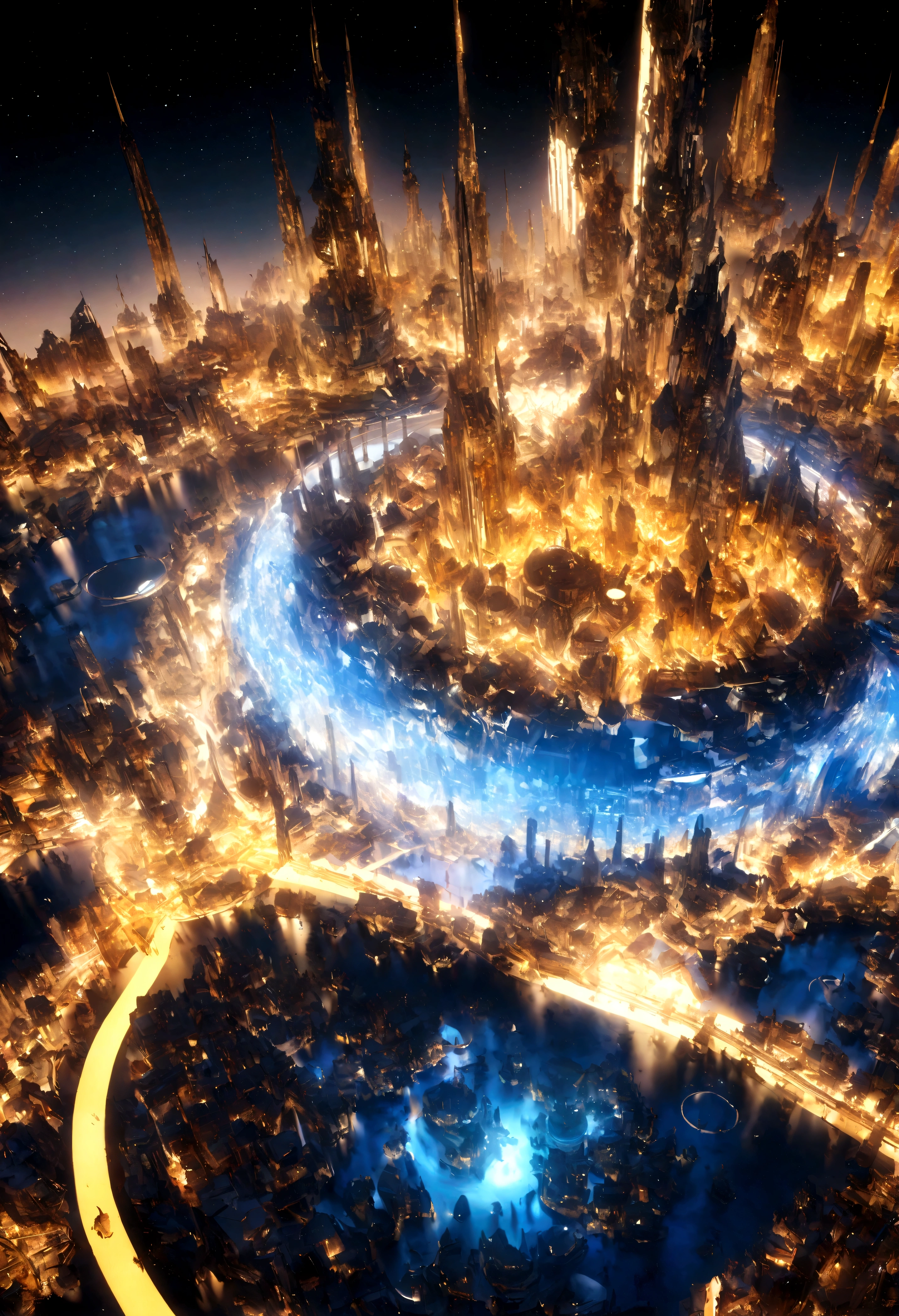 Stunning 3D rendering,Describing the future city landscape in distant space. The magnificent metropolis has a huge golden figure "🍕" Incorporate it into the design,