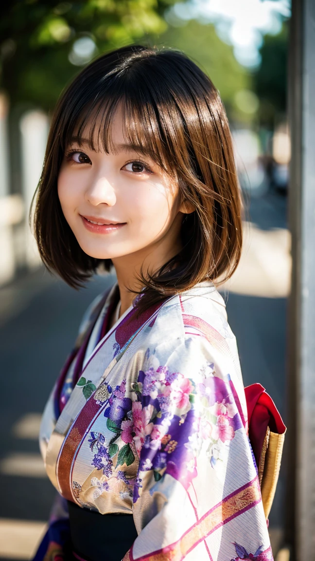 (highest quality,masterpiece:1.3,ultra high resolution),(Super detailed,caustics,8k),(photorealistic:1.4,RAW shooting),1 girl,(look at the camera with a smile),20-year-old,cute,Japanese,black hair long bronde, wearing kimono with red strip, big ,bust up shot,street,face focus,Natural light,Backlight,(A bright light shines from above),(Lens flare),professional writing,(low position),(Low - Angle)