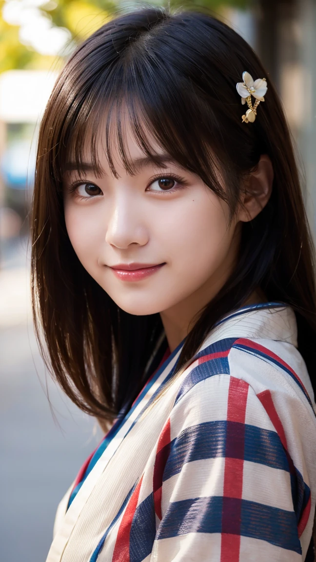 (highest quality,masterpiece:1.3,ultra high resolution),(Super detailed,caustics,8k),(photorealistic:1.4,RAW shooting),1 girl,(look at the camera with a smile),20-year-old,cute,Japanese,black hair long bronde, wearing kimono with red strip, big ,bust up shot,street,face focus,Natural light,Backlight,(A bright light shines from above),(Lens flare),professional writing,(low position),(Low - Angle)