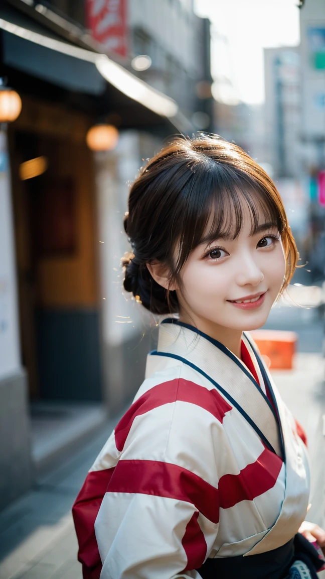 (highest quality,masterpiece:1.3,ultra high resolution),(Super detailed,caustics,8k),(photorealistic:1.4,RAW shooting),1 girl,(look at the camera with a smile),20-year-old,cute,Japanese,black hair long bronde, wearing kimono with red strip, big ,bust up shot,street,face focus,Natural light,Backlight,(A bright light shines from above),(Lens flare),professional writing,(low position),(Low - Angle)