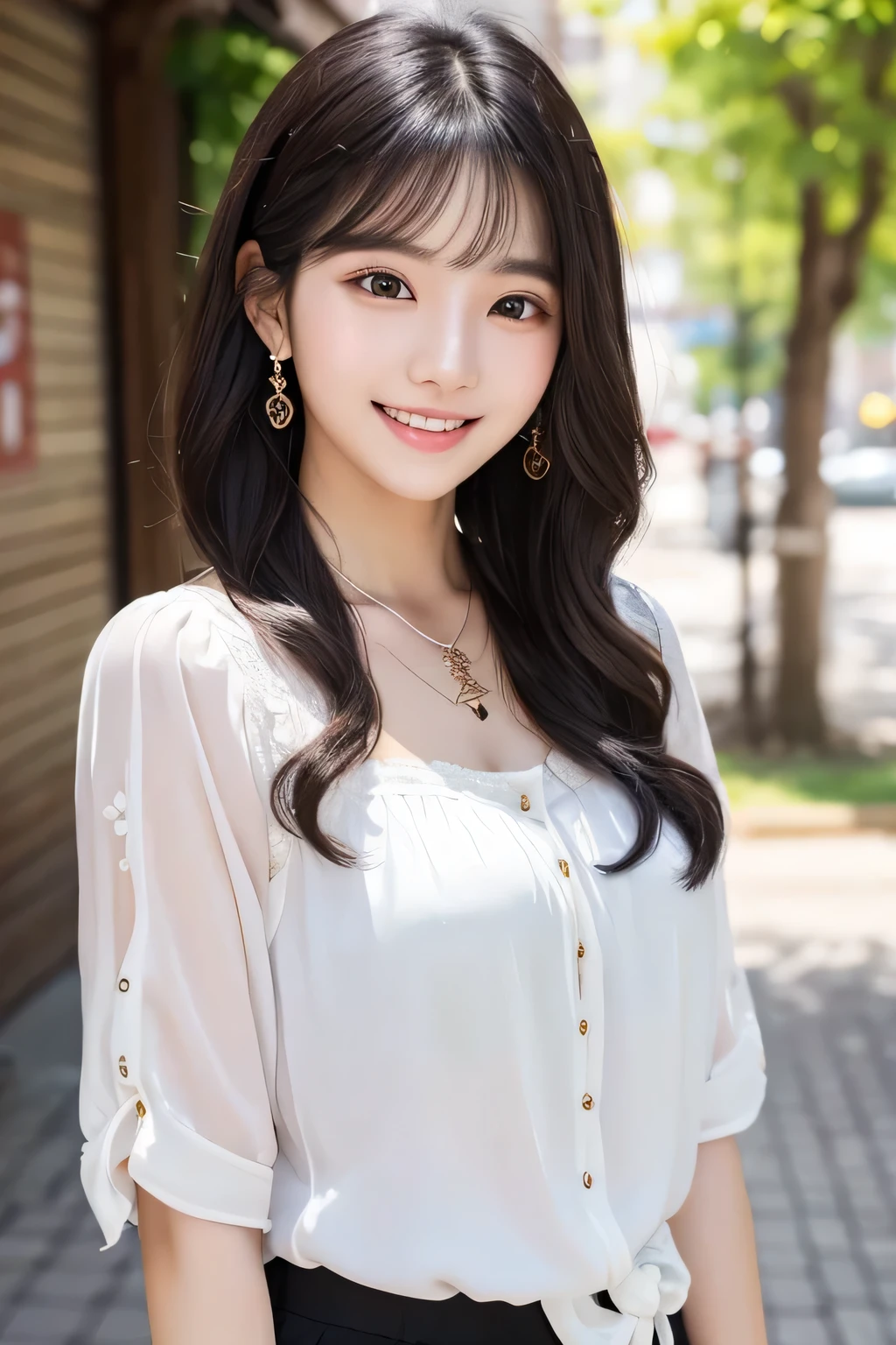 ２０Beautiful young woman of the year、 Korean women、Black Hair、Wavy Hair、short hair、ear piercing、Necklace around the neck、blouse、smile, Beautiful teeth alignment、Intricate details, Very detailed:1.2), 、 Looking into the camera,The background is the town

