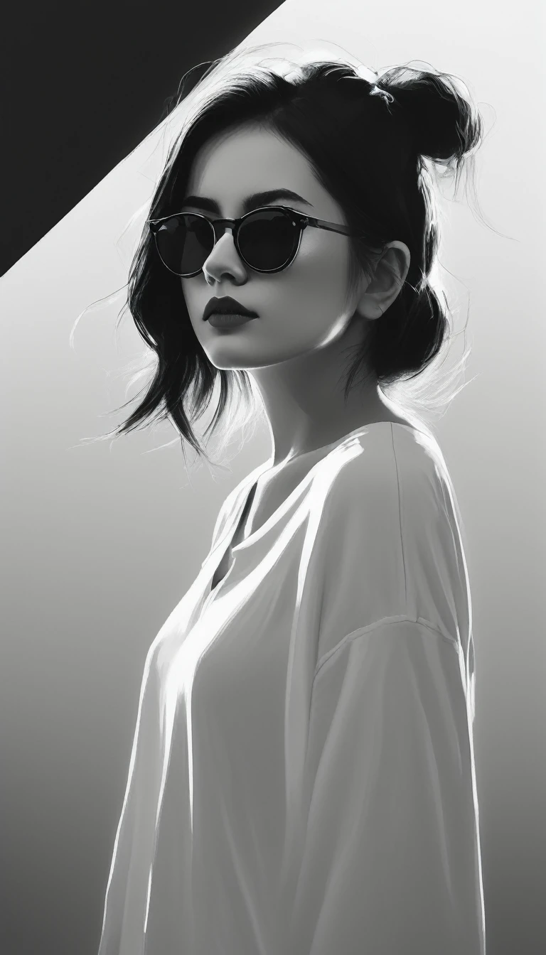 (Minimalism:1.5),Portraits,(Black and white sketch painting),Simple composition,1 girl,23 year old girl, wear sunglasses, There is light on the face, There is light in the eyes,t-shirt