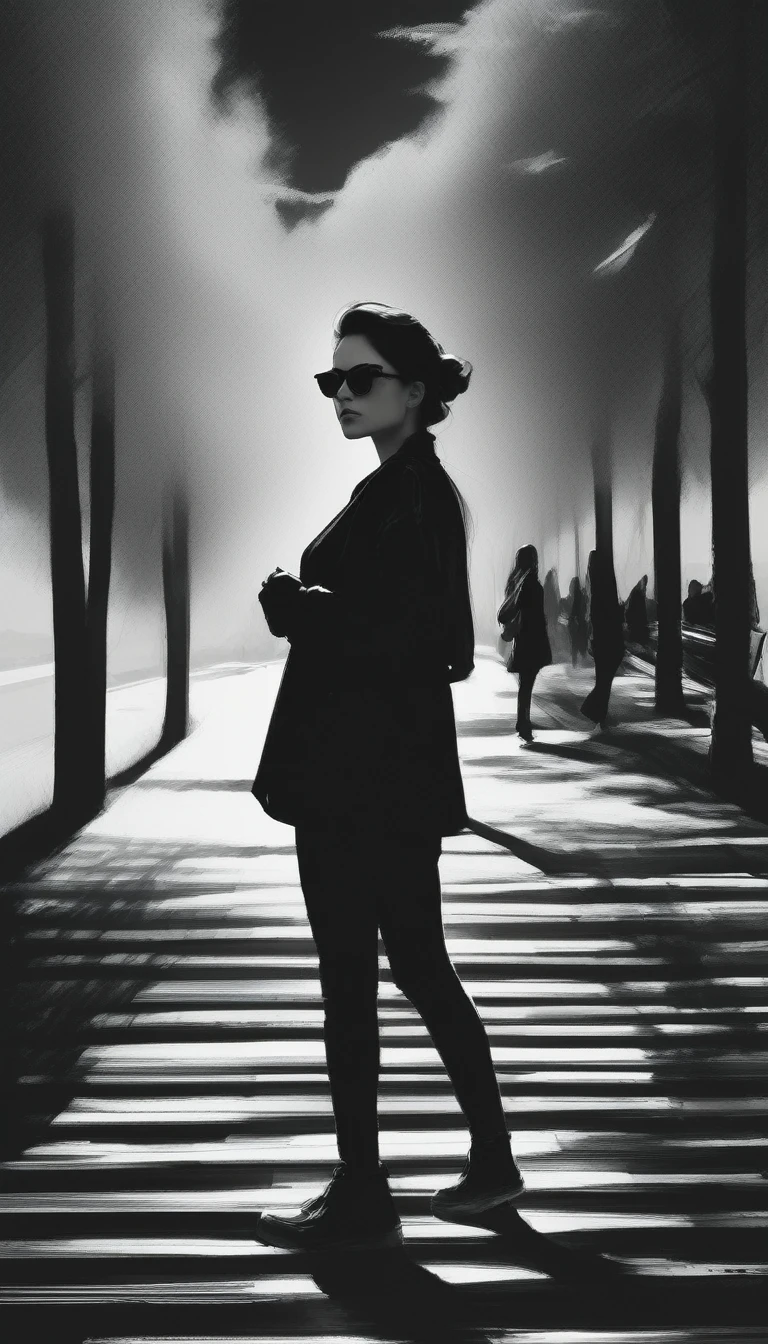 (Minimalism:1.5),Portraits,(Black and white sketch painting),Simple composition,1 girl,23 year old girl, wear sunglasses, There is light on the face, There is light in the eyes,t-shirt