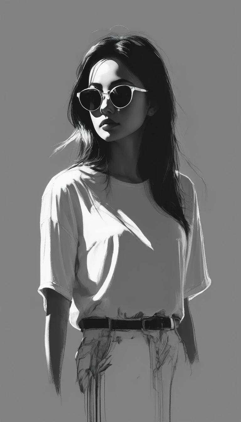 (Minimalism:1.5),Portraits,(Black and white sketch painting),Simple composition,1 girl,23 year old girl, wear sunglasses, There is light on the face, There is light in the eyes,t-shirt