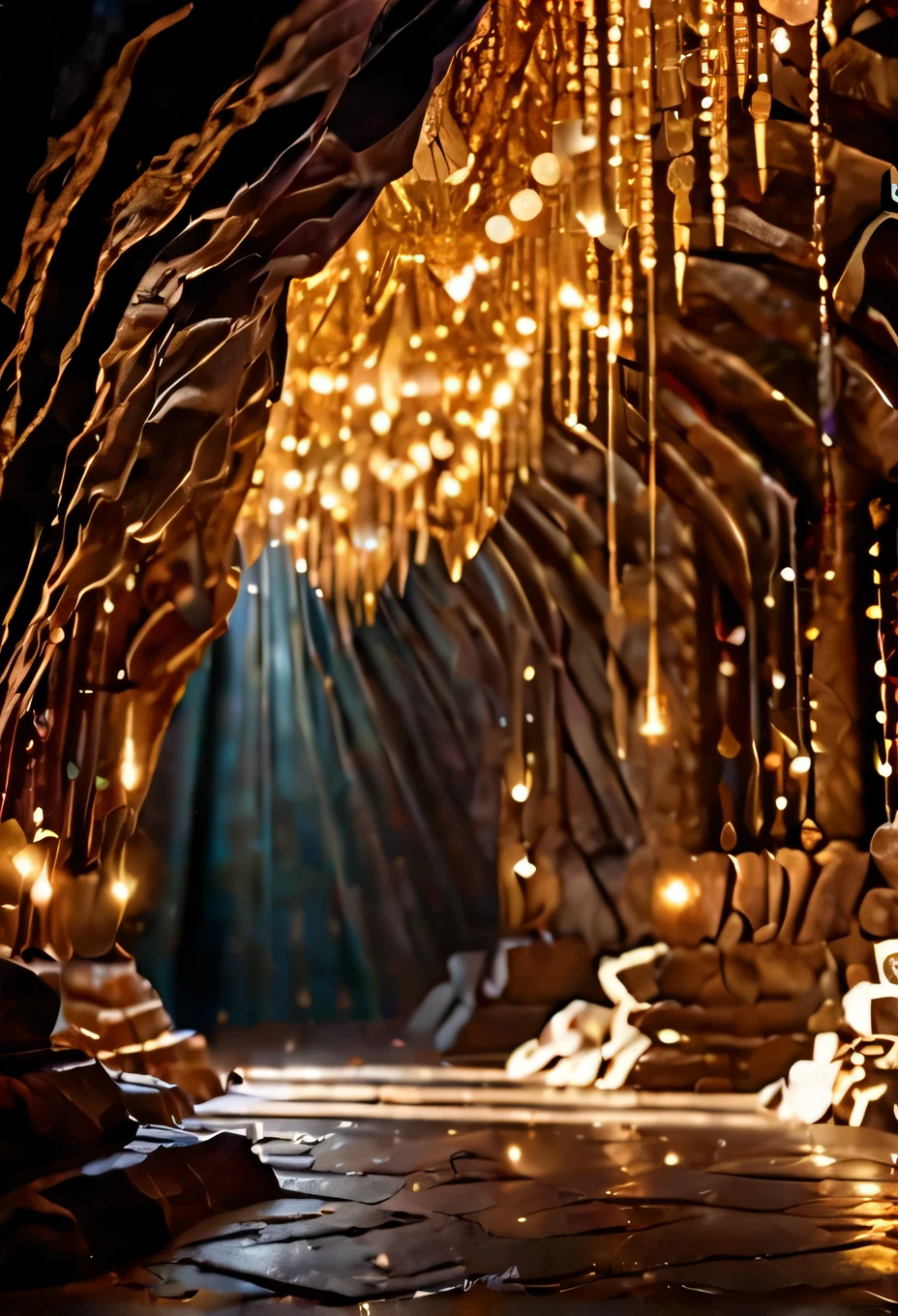 Huge dark cave walls covered with gold and jewels, Bright beams of light reflected in sparkling jewels, Intricate details, Natural stone, mysterious lights, Very detailed, movie lighting, Lenses, Film Grain, Clear focus, Dark atmosphere