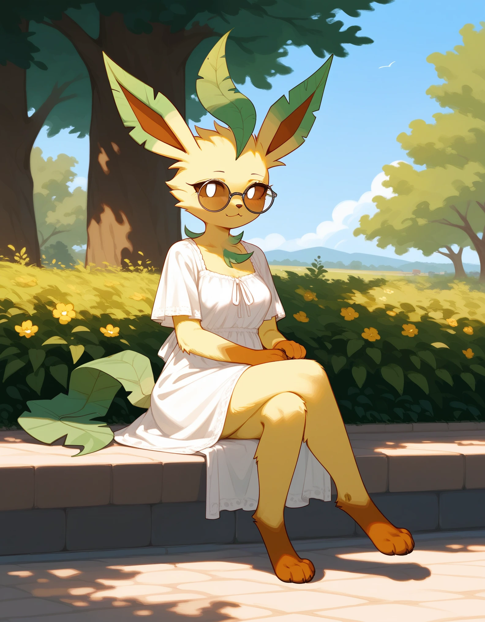 score_9,score_8_up,score_7_up, anthro furry female leafeon Pokemon, wearing short white hippie dress, big round glasses, eyes half opened, bored eyes, smiling softly, 4 toes, white eyes, brown sclera, outdoors, at a park, flowery decorations in the background,