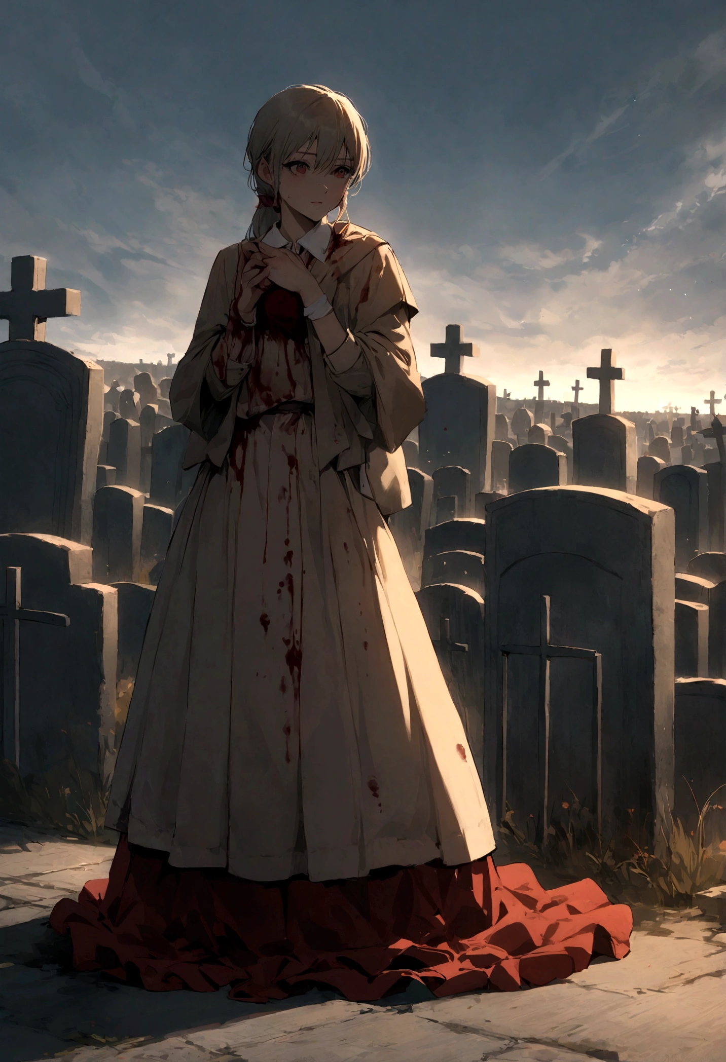 masterpiece, best quality, very aesthetic, absurd, ghost, Weaving, Headband, Red belt, Jewelry, white ascot, brooch, Blue Jacket, Long sleeve, Brown gloves, White Dress, Long skirt, permanent, Cowboy shooting, outdoor, holding suitcases, suitcases，