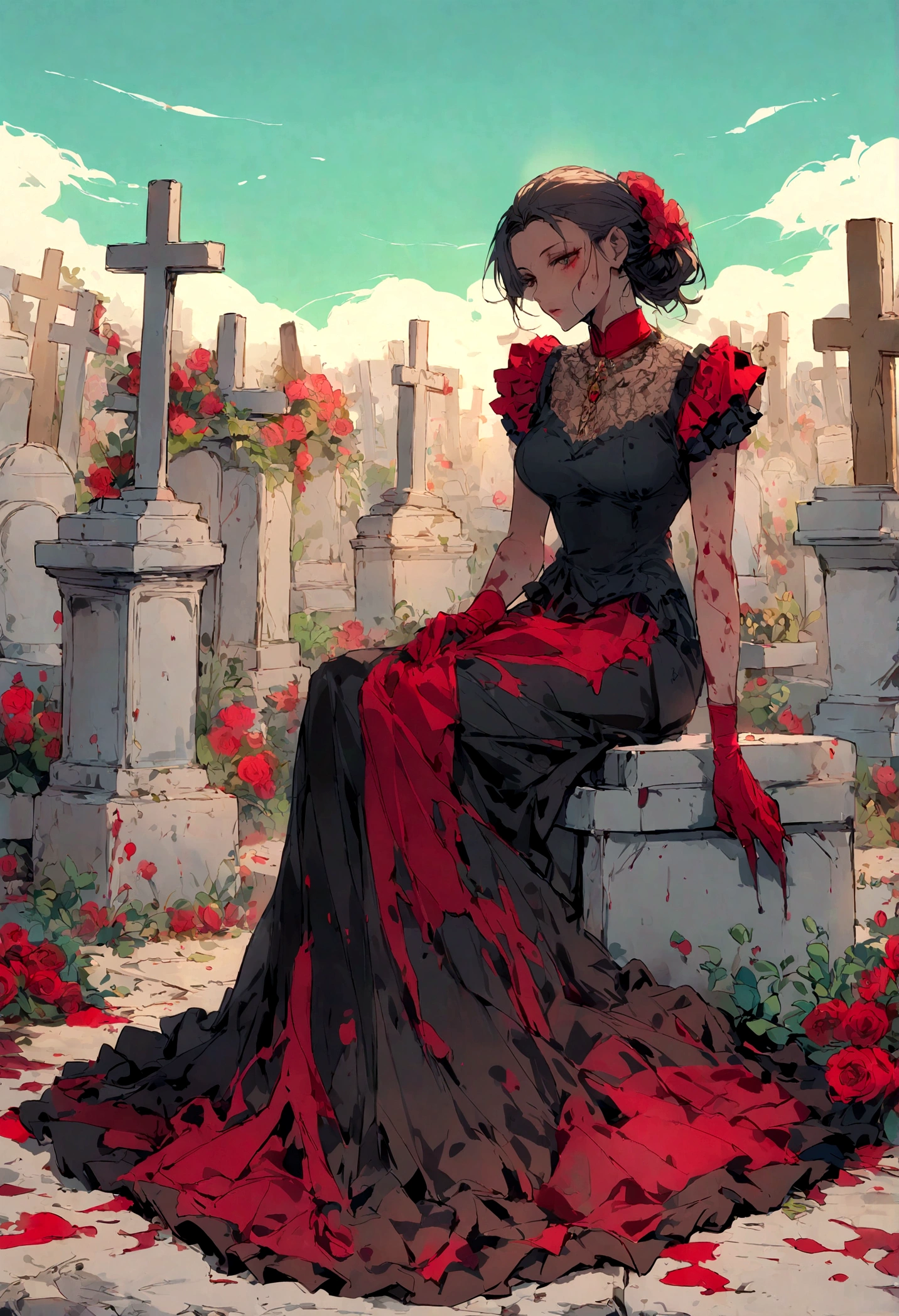 Mulher zumbi mostrando a bunda, sangue, and cemetery