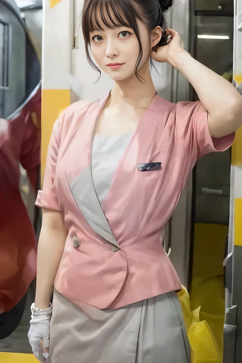 (masterpiece:1.2, Highest quality:1.2), 32k HDR, High resolution, (alone、1 girl)、(On the rooftop of a building in the daytime、Professional Lighting)、Building rooftop background、(Nankai train crew uniform pinkを着たリアルスタイル)、(Nankai train crew uniform pink short sleeve collarless pink jacket、Nankai Train Crew Uniform Pink Collarless Short Sleeve Blouse、Nankai Train Crew Uniform Pink Grey Knee-length Culottes)、((The bottom of the pink short-sleeved jacket cannot be tucked into the clay-colored culottes.))、Dark brown hair、(Hair tied up、Hair Bun、Hair Bun)、Dark brown hair、Long Shot、Big Breasts、Thin legs、((Great hands:2.0)),((Harmonious body proportions:1.5)),((Normal limbs:2.0)),((Normal finger:2.0)),((Delicate eyes:2.0)),((Normal eyes:2.0)))、(Nankai Train Crew Uniform Pink Grey Knee-length Culottesを見せた美しい立ち姿)、smile